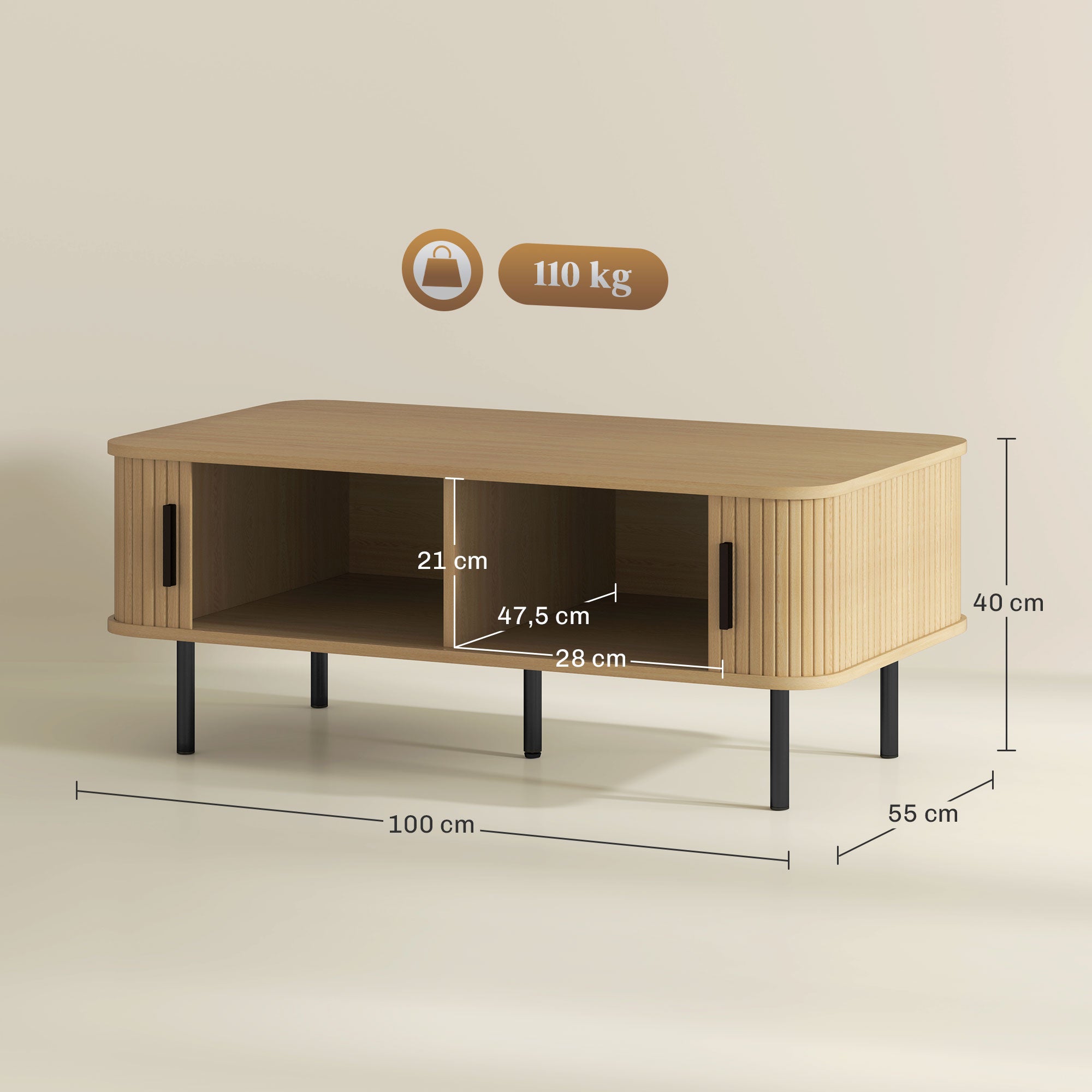 Mesa de Centro com 2 Portas de Correr 100x55x40 cm - Cor de Carvalho