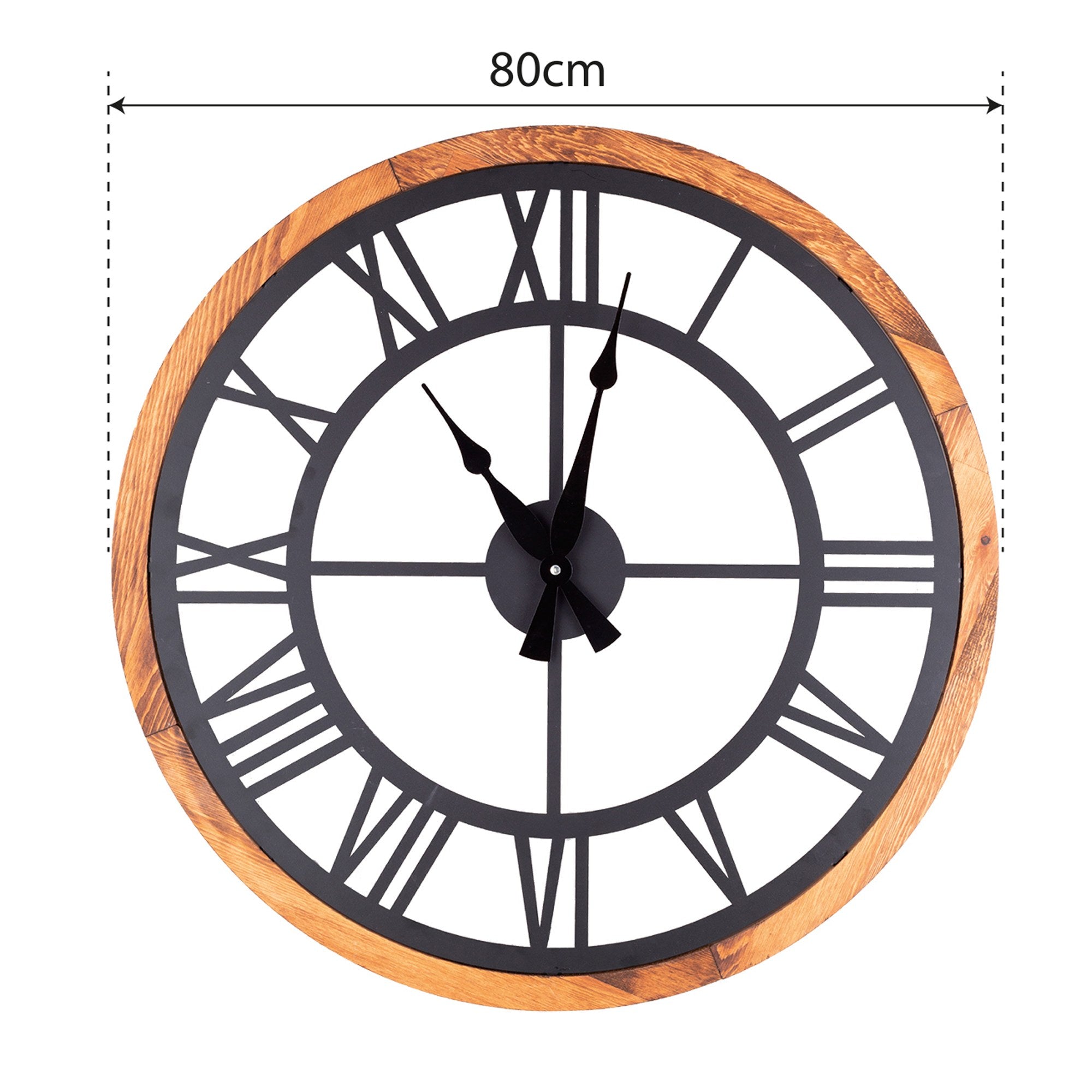 Relógio de Parede Decorativo em Metal Preto com Detalhes em Carvalho - 80cm Diâmetro, Mecanismo Silencioso