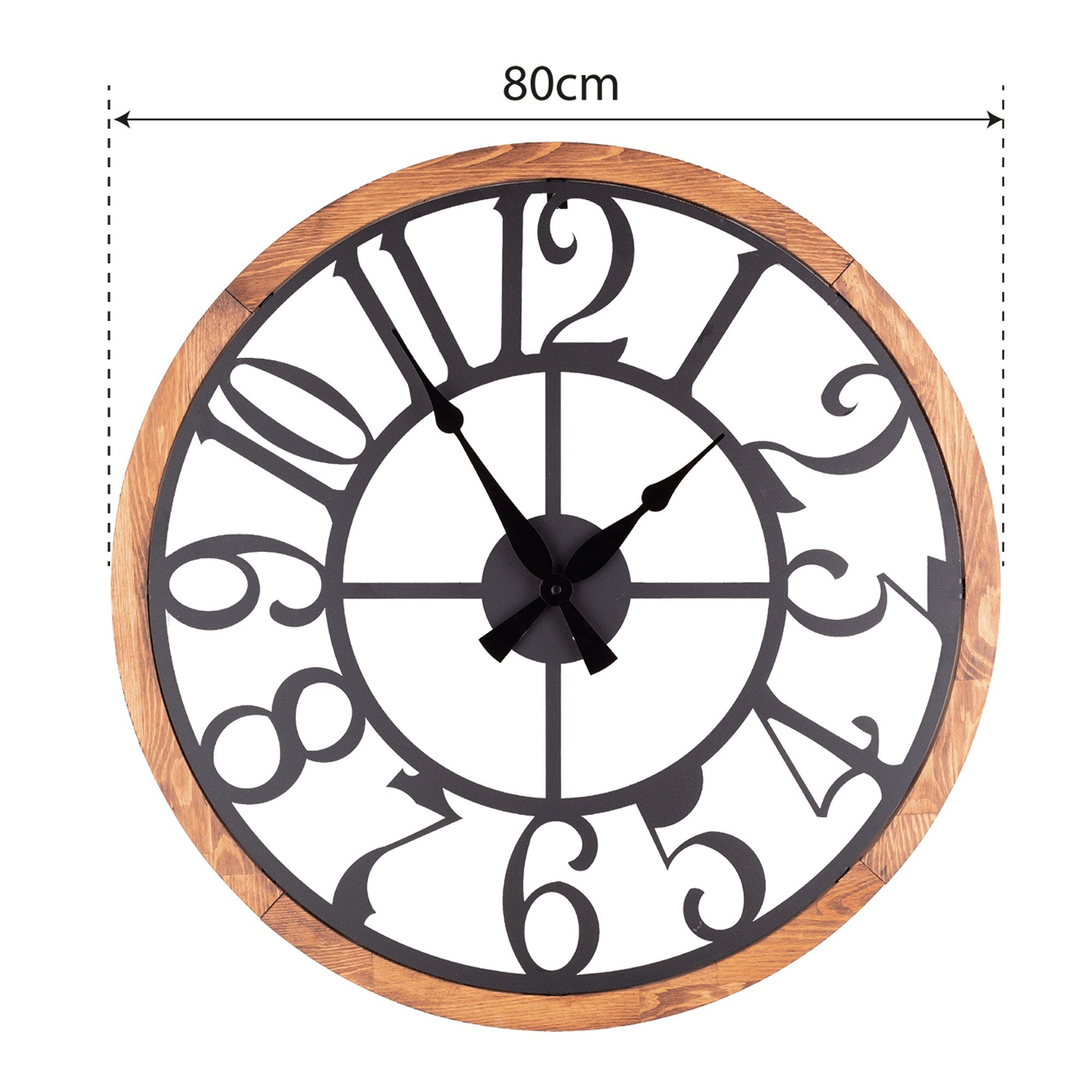 Relógio de Parede Decorativo em Metal Preto com Detalhes em Carvalho - 80cm Diâmetro, Mecanismo Silencioso