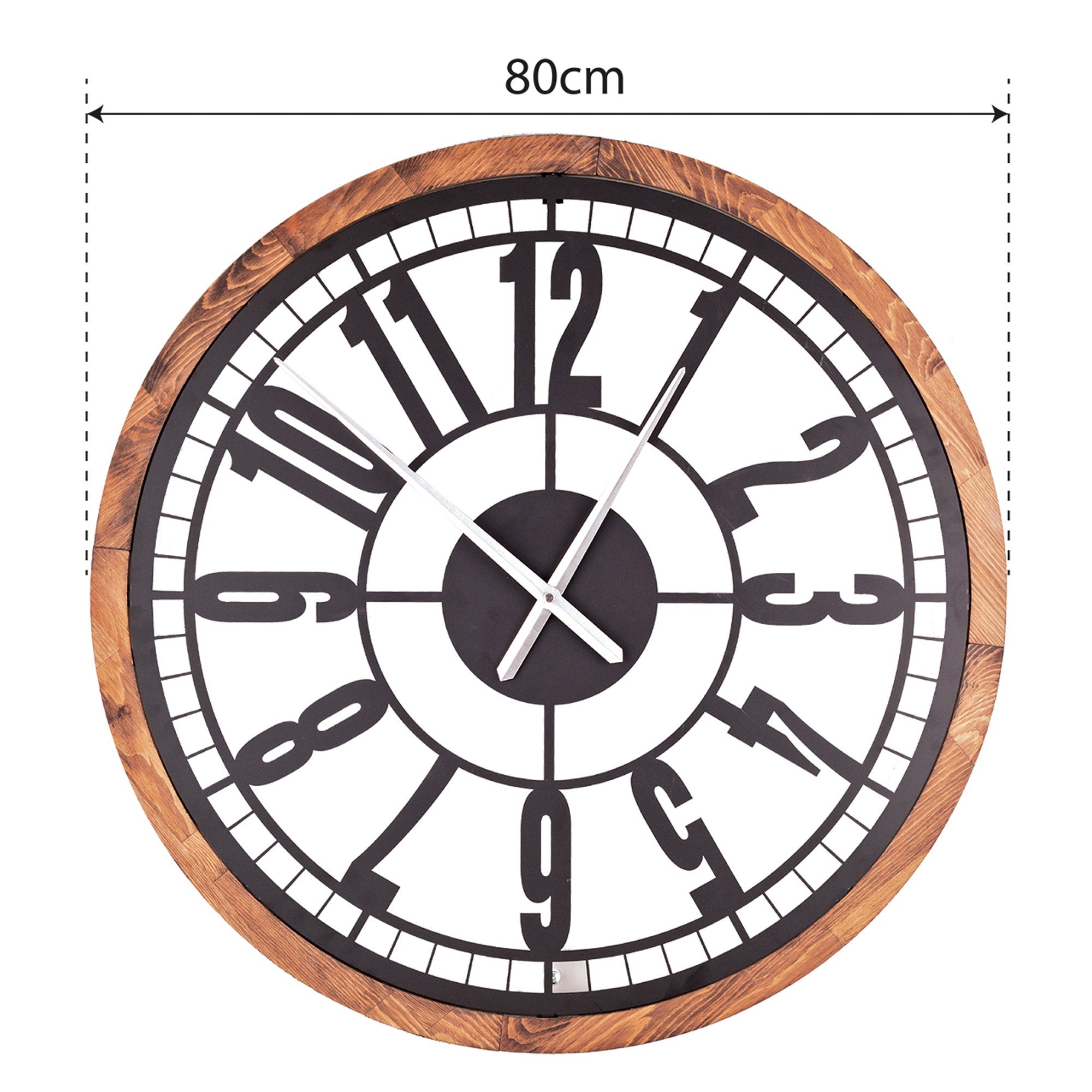 Relógio de Parede Decorativo em Metal Preto com Detalhes em Carvalho - 80cm Diâmetro, Mecanismo Silencioso