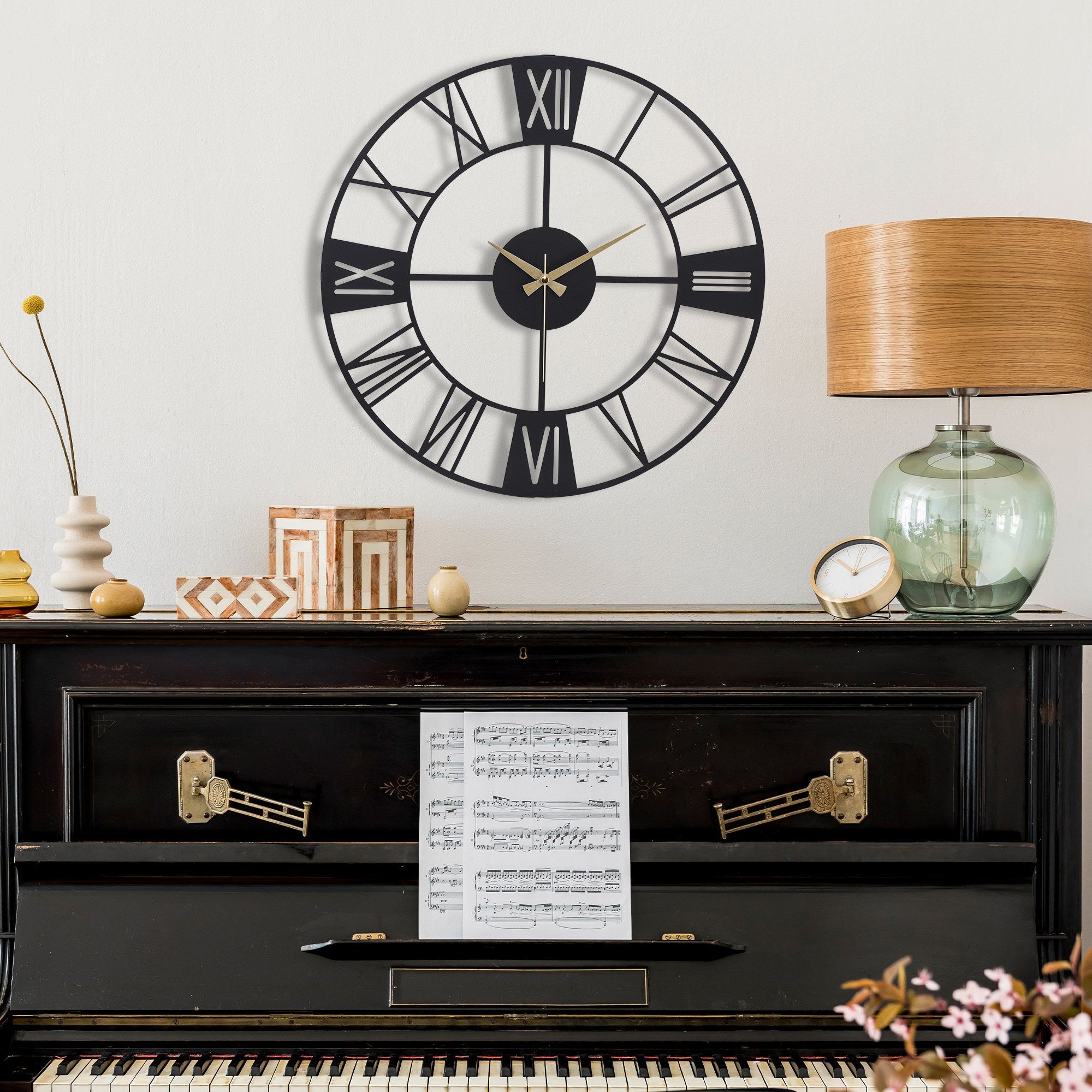 Relógio de Parede Metálico Decorativo Preto 41cm - Mecanismo Silencioso