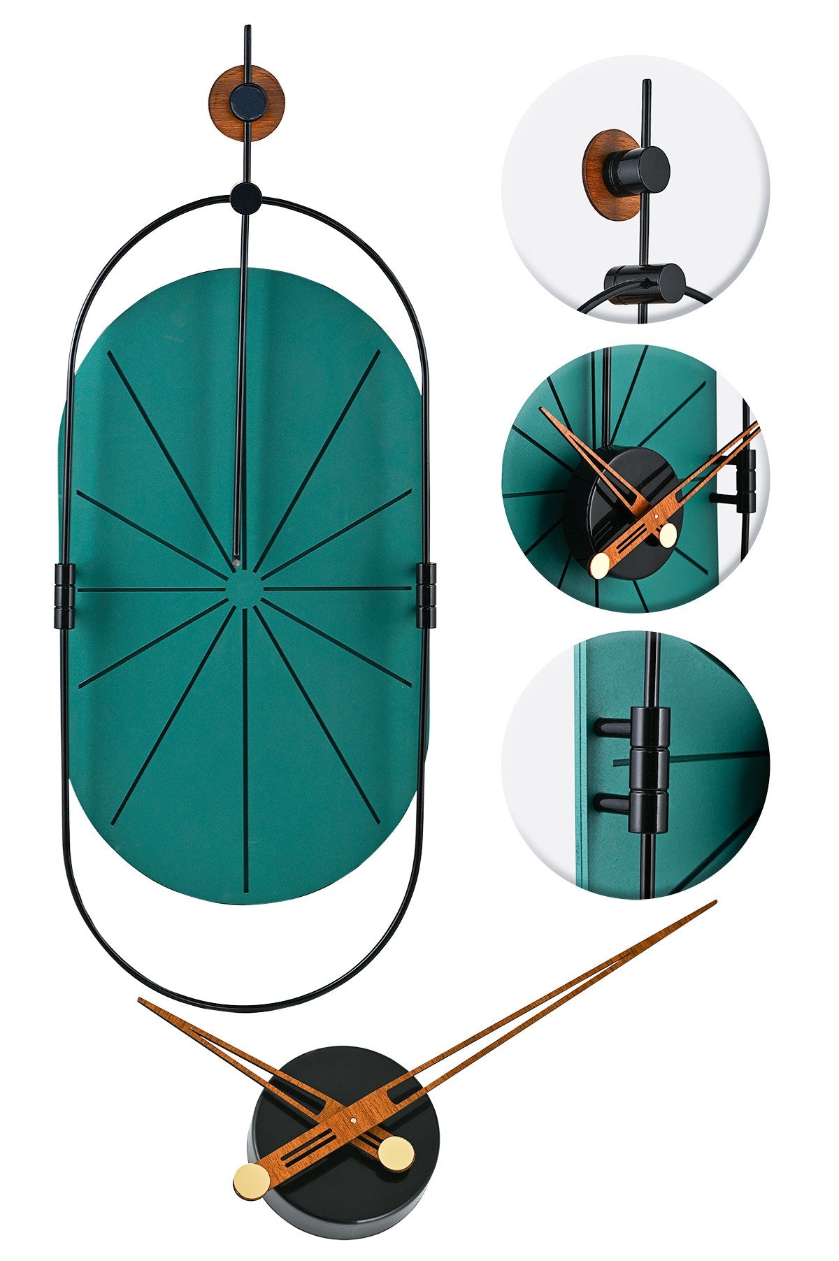 Relógio de Parede Decorativo em Metal Verde e Preto - Design Dupla Camada Silencioso 77x29cm
