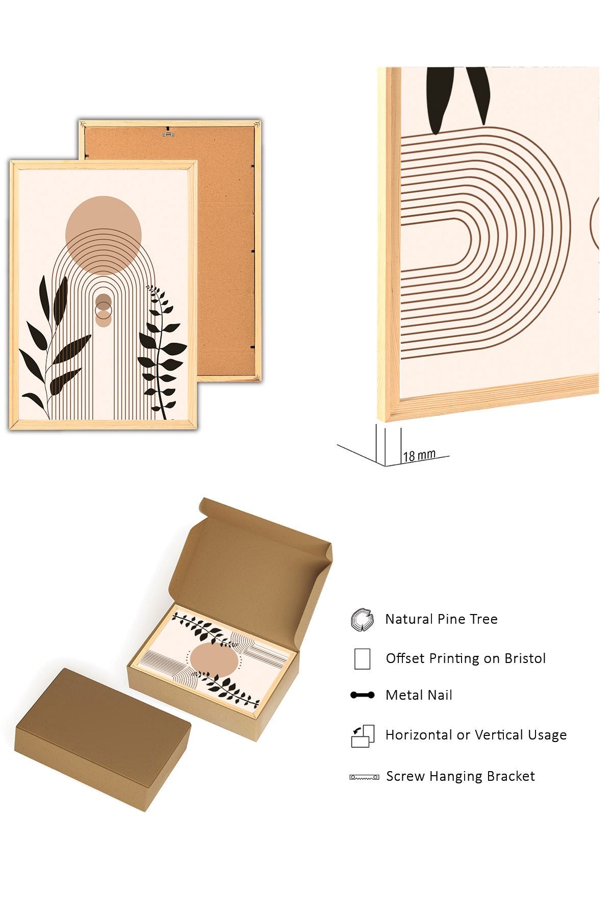 Conjunto de 3 Quadros Decorativos MDF com Moldura de Pinho Maciço - 50x70cm Multicolor