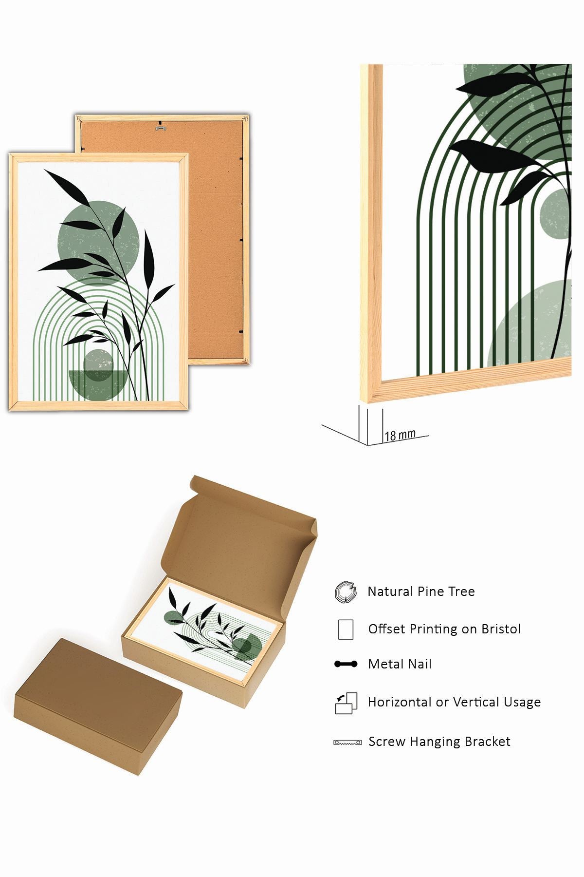 Conjunto de 3 Quadros Decorativos em Madeira de Pinho - 20x30cm com Moldura MDF Multicolor