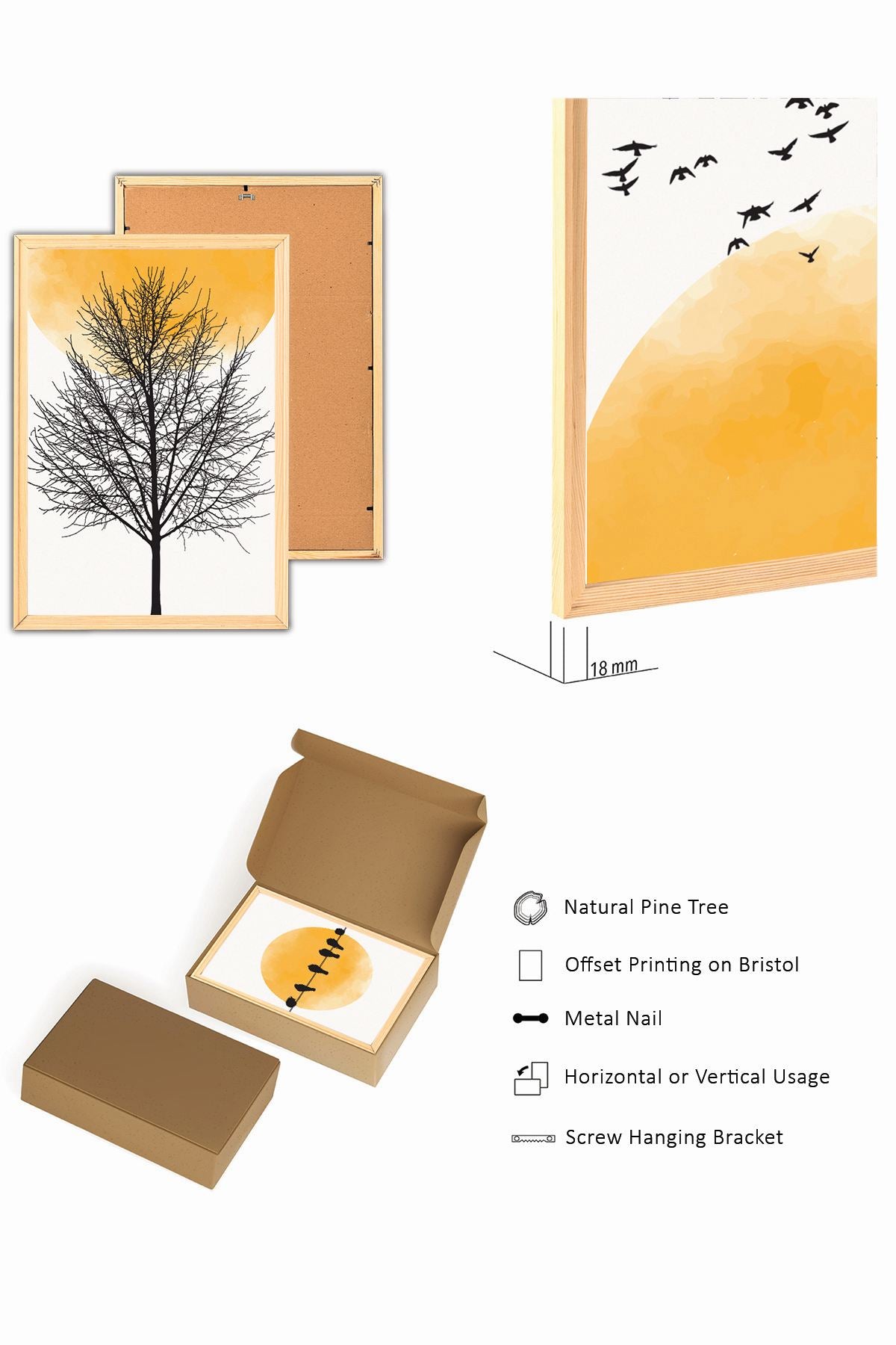 Conjunto de 3 Quadros Decorativos em Madeira de Pinho - 20x30cm com Moldura MDF Multicolor