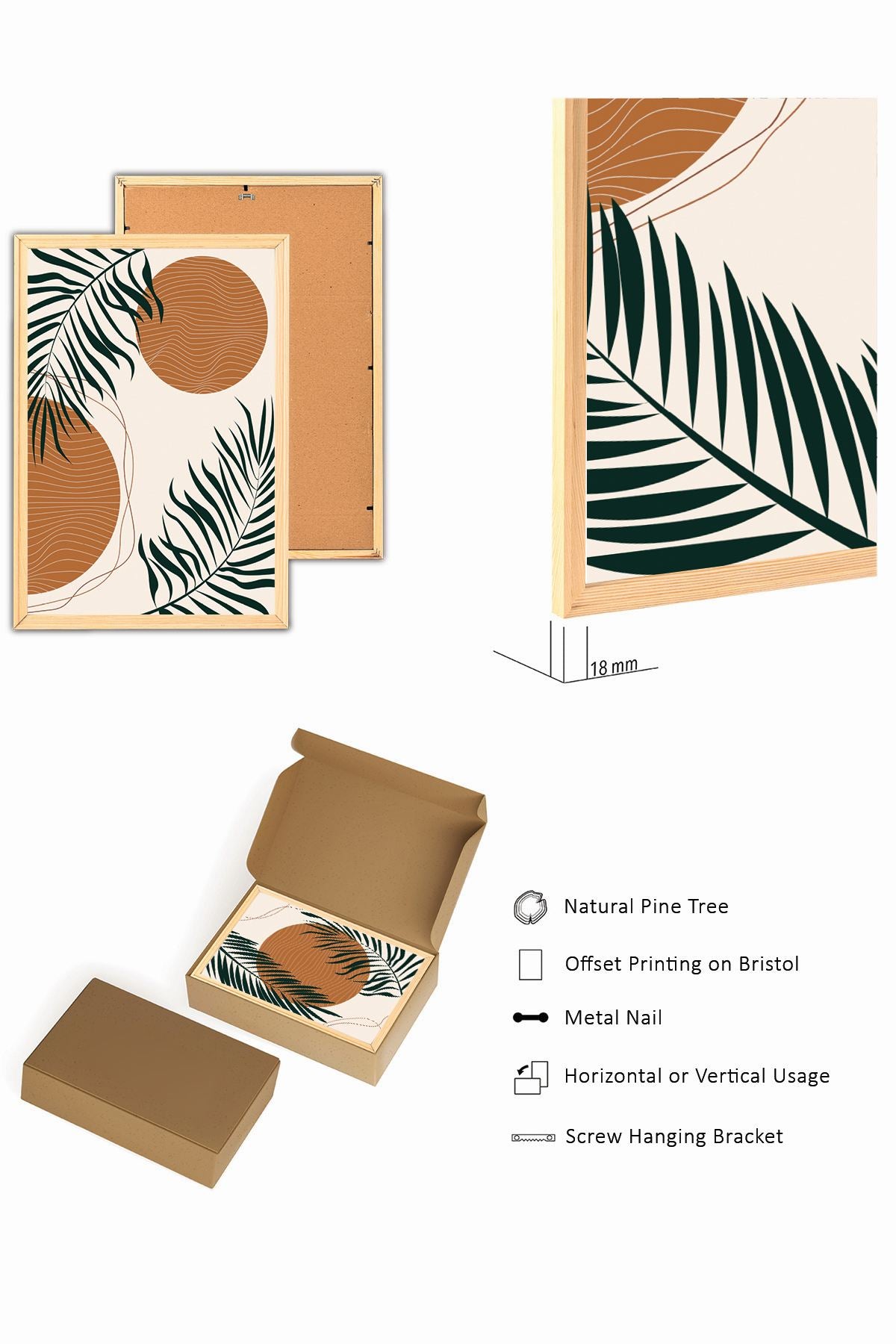 Conjunto de 3 Quadros Decorativos MDF com Moldura de Pinho Maciço - 50x70cm Multicolor