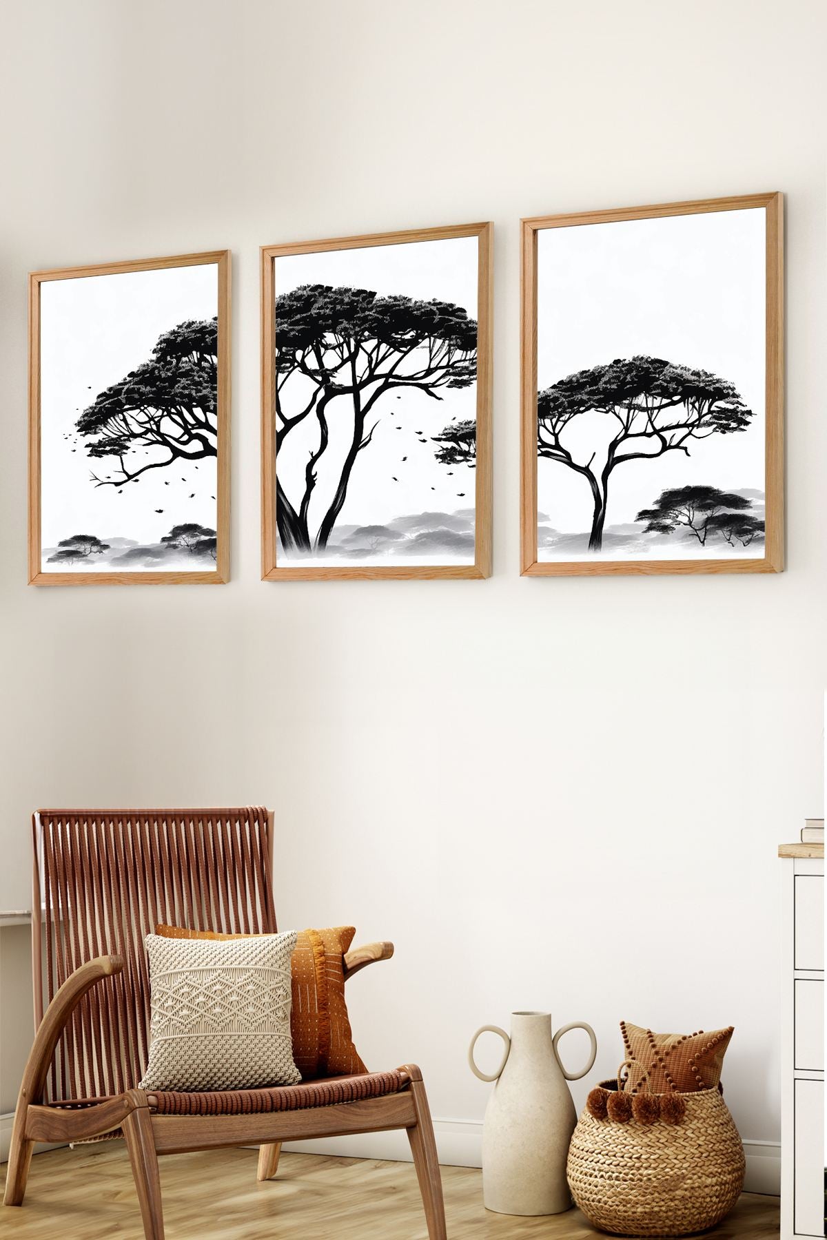 Conjunto de 3 Quadros Decorativos em Madeira Maciça - Arte Multicolor Premium com Acabamento Duplo Brilhante e Mate