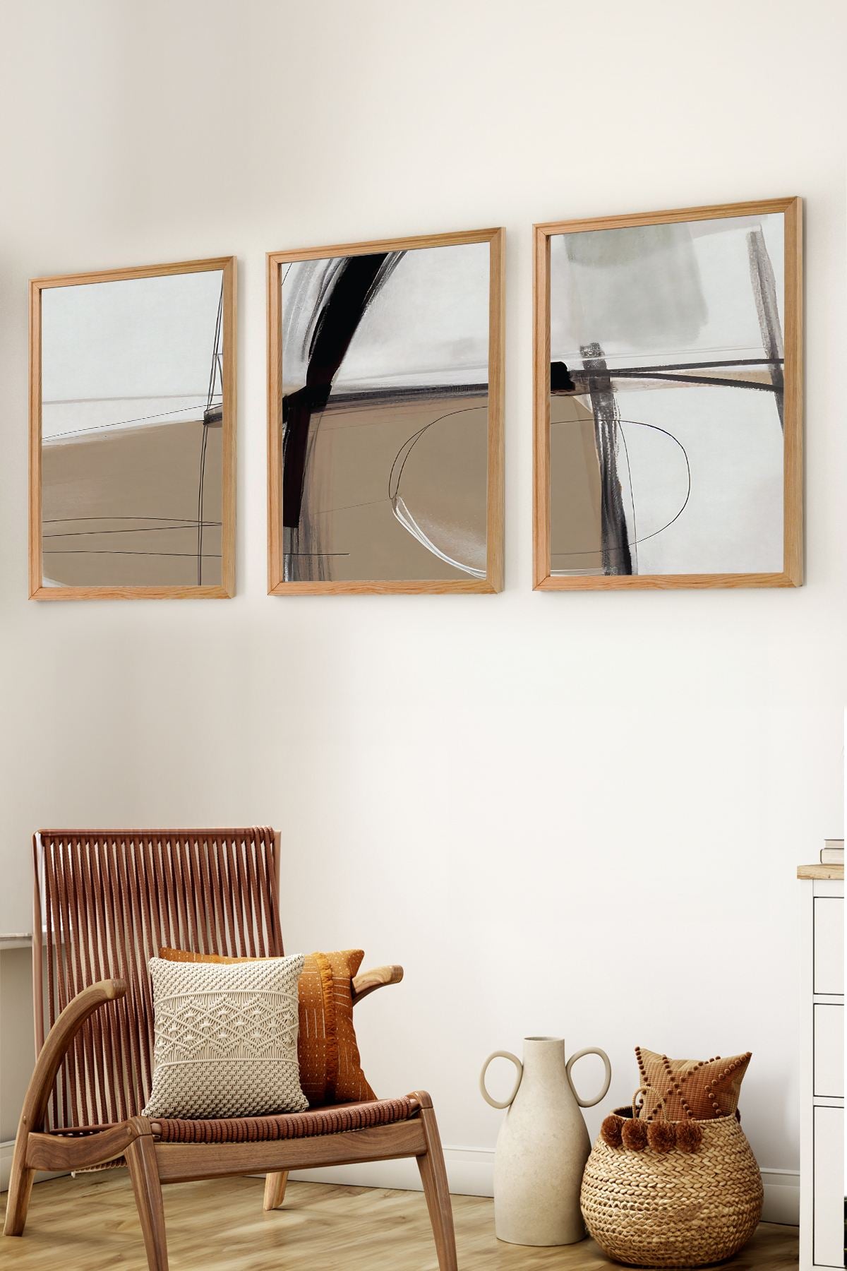 Conjunto de 3 Quadros Decorativos em Madeira Maciça - Arte Multicolor Premium com Acabamento Duplo Brilhante e Mate