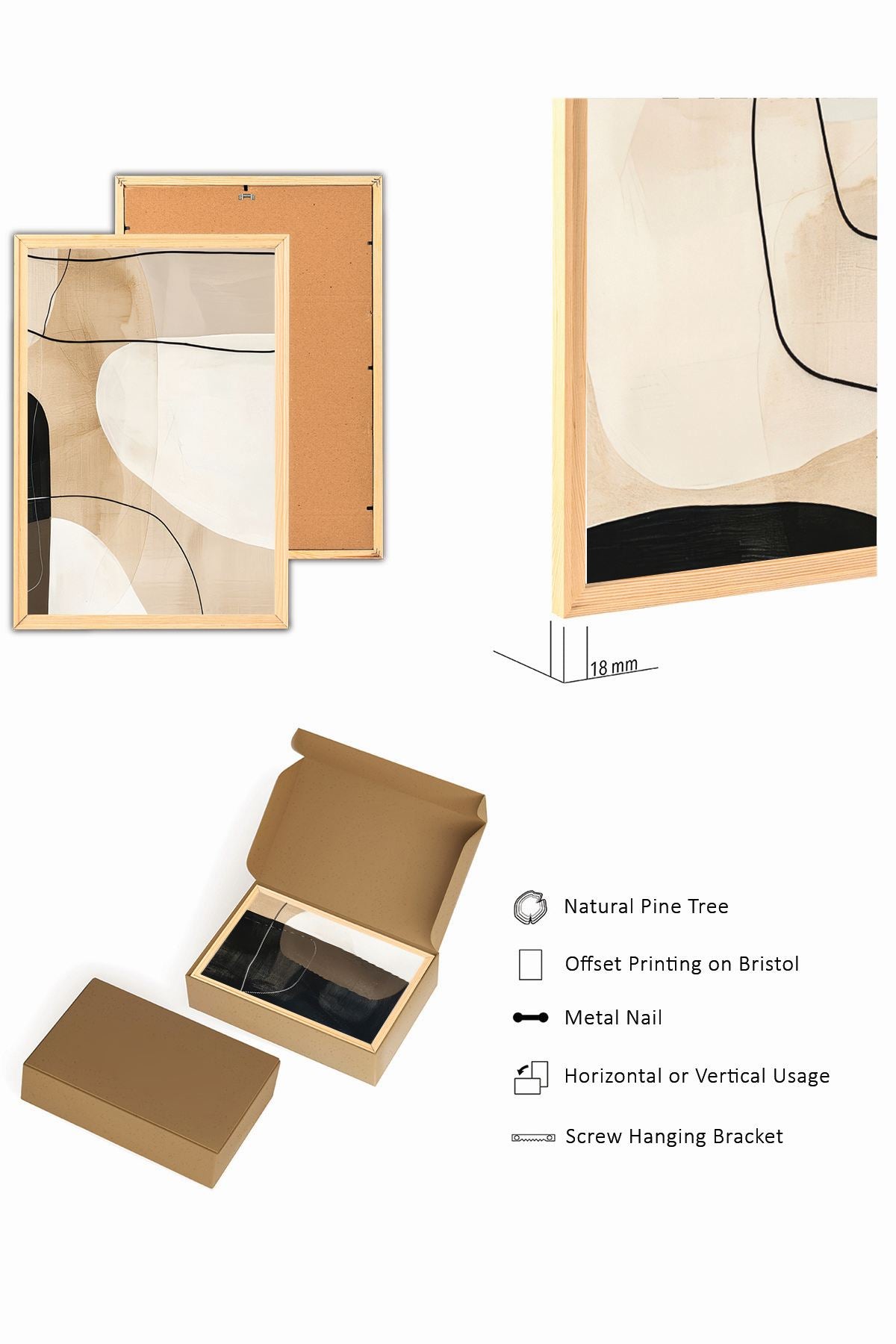 Conjunto de 3 Quadros Decorativos em Madeira de Pinho - 20x30cm com Moldura MDF Multicolor