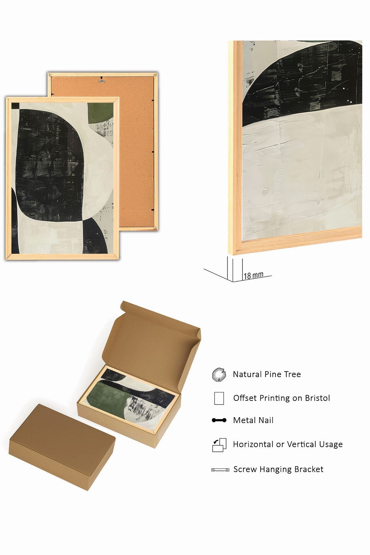 Conjunto de 3 Quadros Decorativos MDF com Moldura de Pinho Maciço - 50x70cm Multicolor