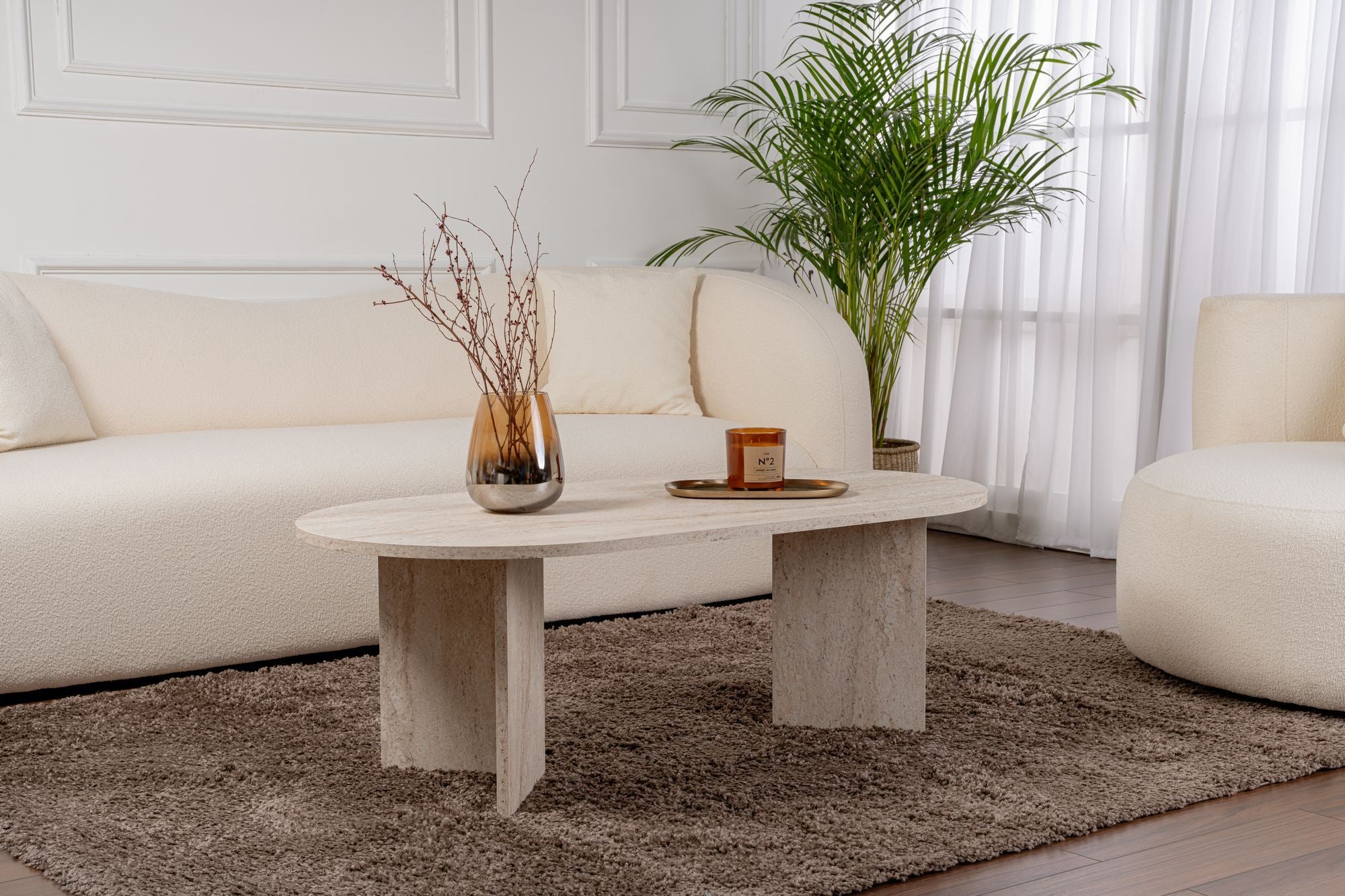 Mesa de Centro – 119 x 40 x 60 cm – Travertino – MDF revestido em melamina