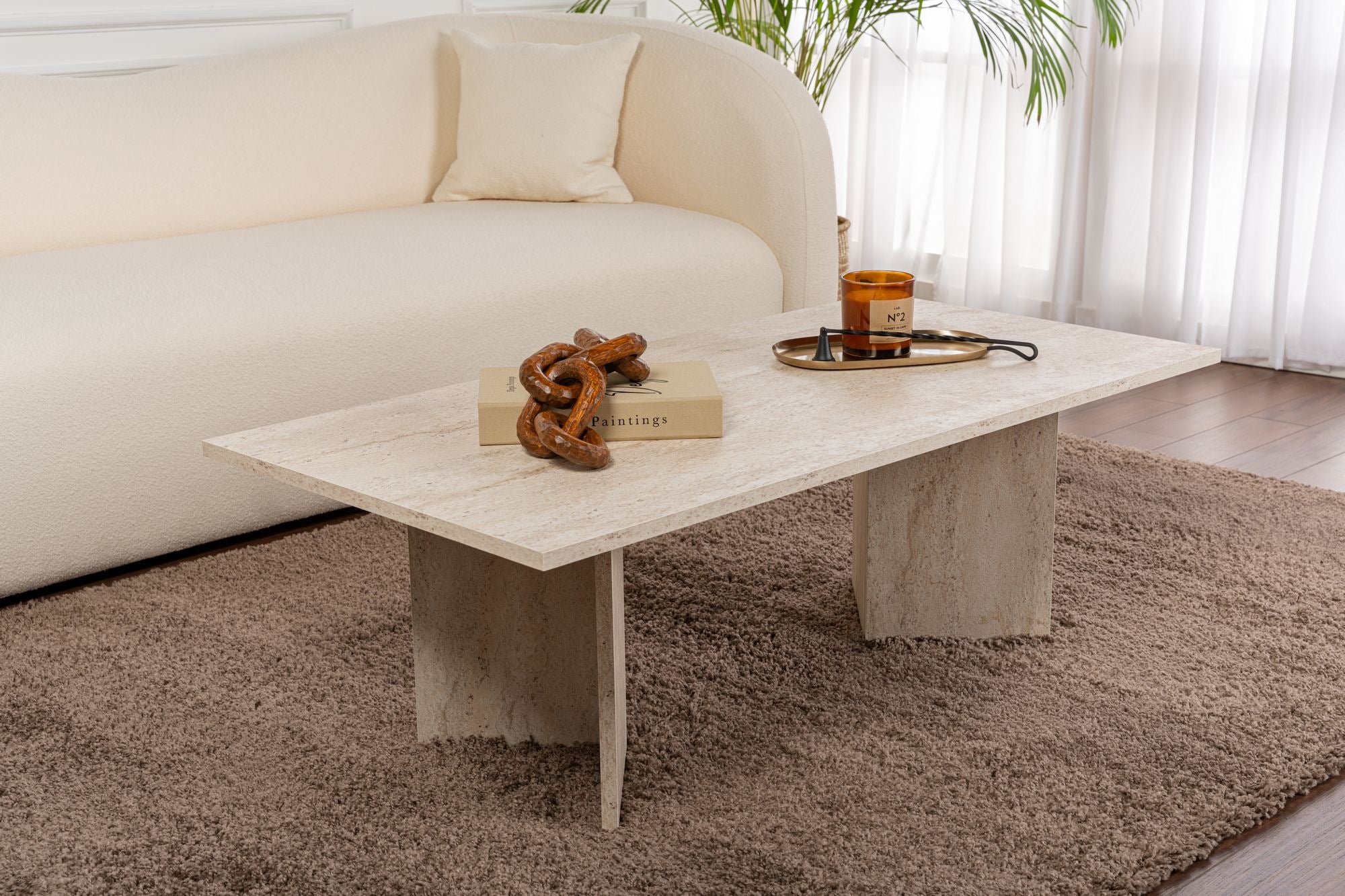 Mesa de Centro Elegante, Cor Travertino, 119 x 40 x 60 cm | Painel de Partículas 100% Revestido em Melamina, 18 mm de Espessura | Perfeita para Salas de Estar e Espaços Modernos