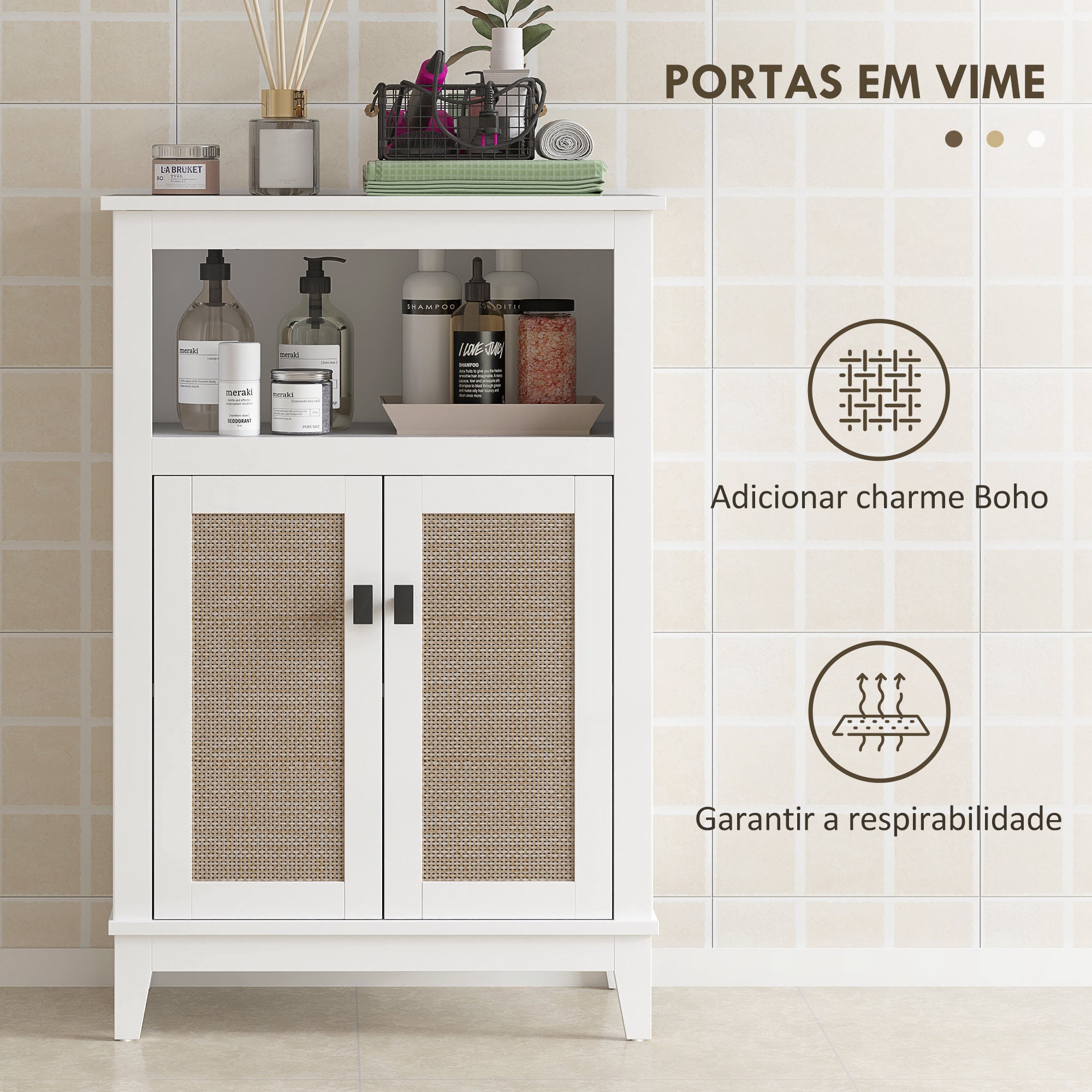 Armário Casa de Banho Boho com 2 Portas em Vime Branco 60x30x90 cm