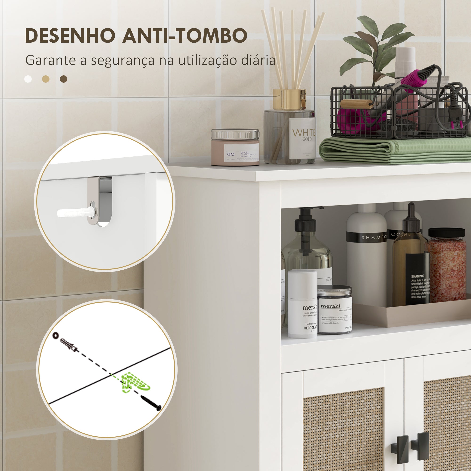 Armário Casa de Banho Boho com 2 Portas em Vime Branco 60x30x90 cm