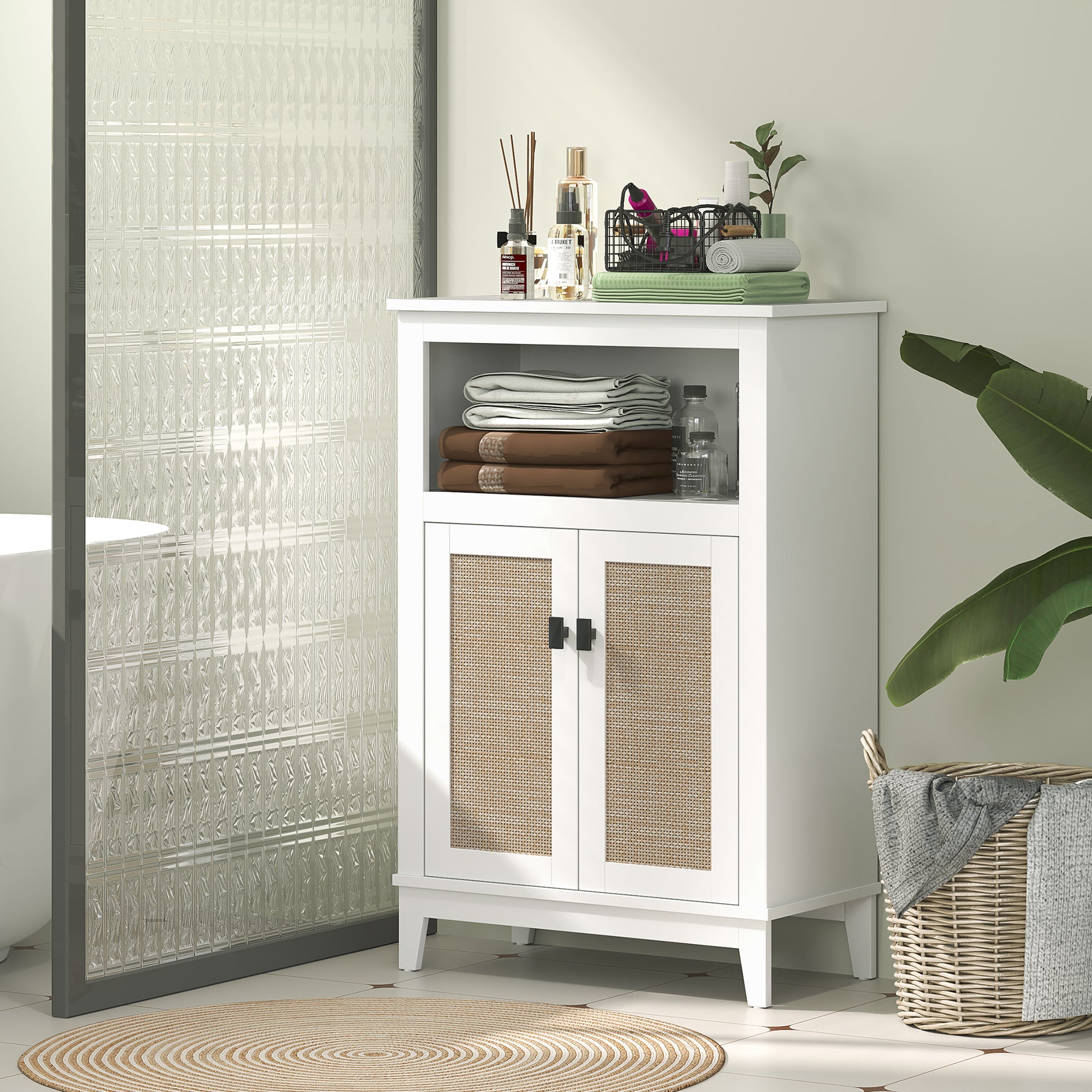 Armário Casa de Banho Boho com 2 Portas em Vime Branco 60x30x90 cm