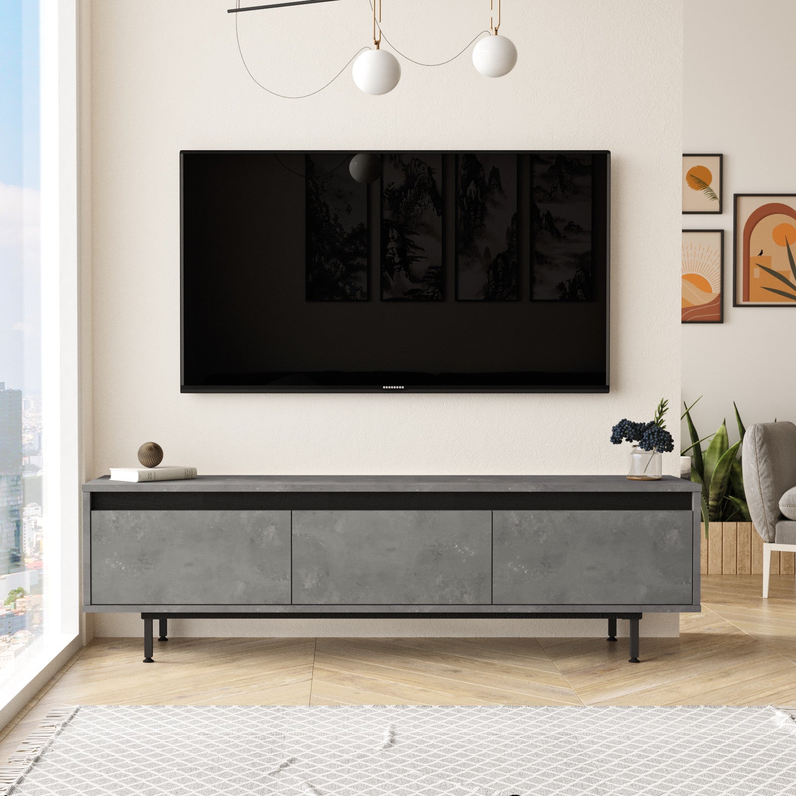 Suporte de TV moderno com pés de metal, prata e preto, 160 cm | Painel de partículas 100% revestido de melamina, 18 mm de espessura | Montável na parede, várias prateleiras, solução de armazenamento elegante
