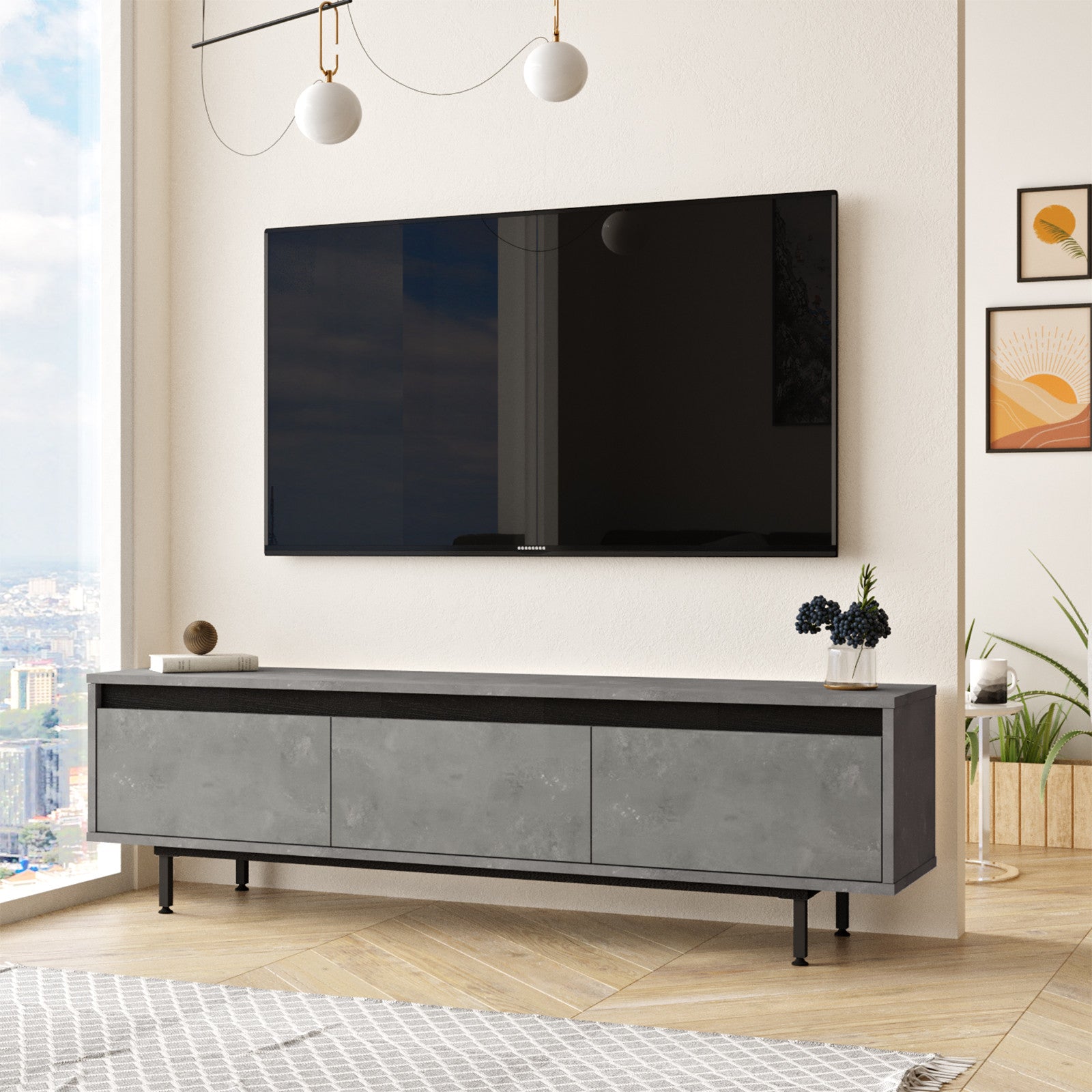 Suporte de TV moderno com pés de metal, prata e preto, 160 cm | Painel de partículas 100% revestido de melamina, 18 mm de espessura | Montável na parede, várias prateleiras, solução de armazenamento elegante
