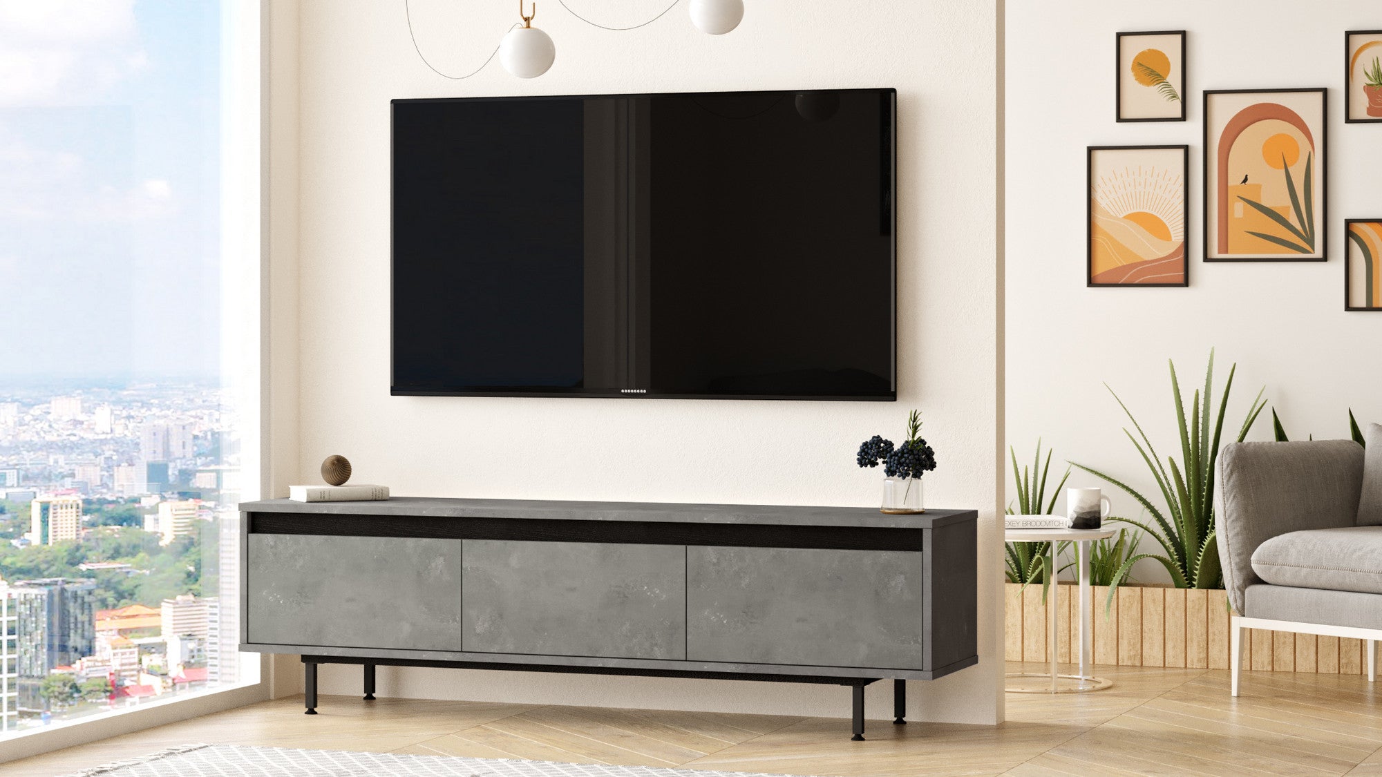 Suporte de TV moderno com pés de metal, prata e preto, 160 cm | Painel de partículas 100% revestido de melamina, 18 mm de espessura | Montável na parede, várias prateleiras, solução de armazenamento elegante