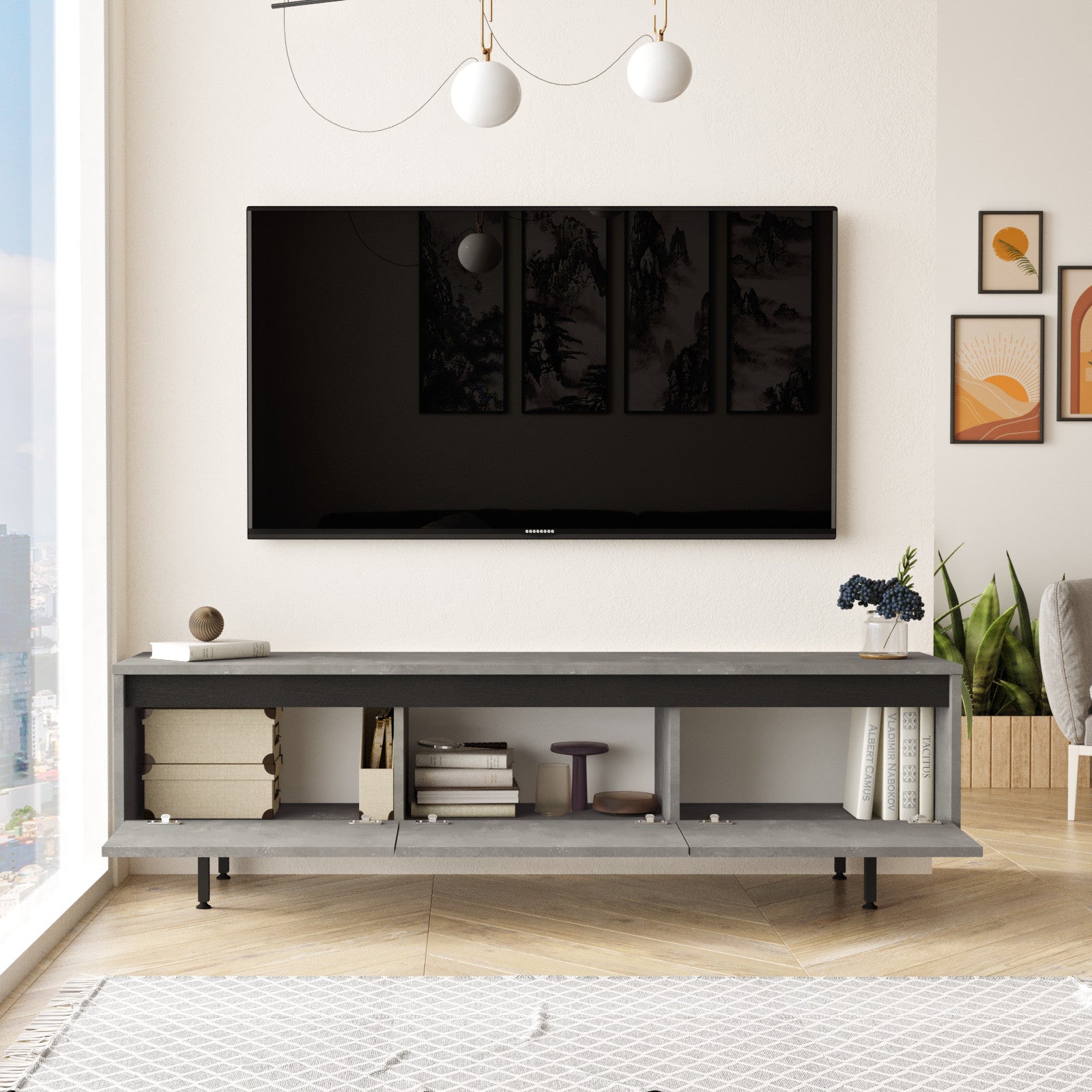 Suporte de TV moderno com pés de metal, prata e preto, 160 cm | Painel de partículas 100% revestido de melamina, 18 mm de espessura | Montável na parede, várias prateleiras, solução de armazenamento elegante