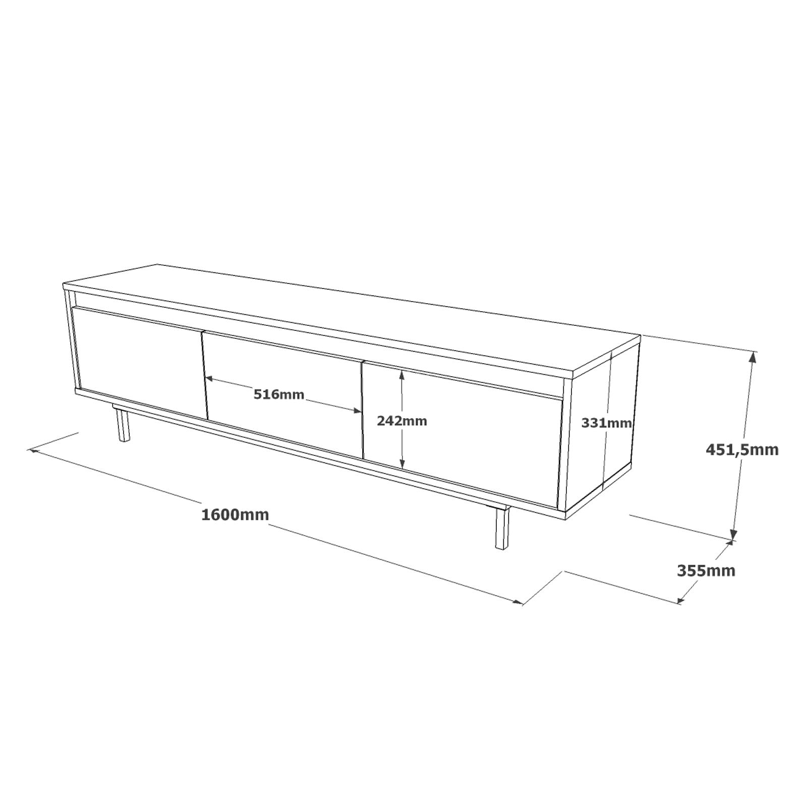 Suporte de TV moderno com pés de metal, prata e preto, 160 cm | Painel de partículas 100% revestido de melamina, 18 mm de espessura | Montável na parede, várias prateleiras, solução de armazenamento elegante