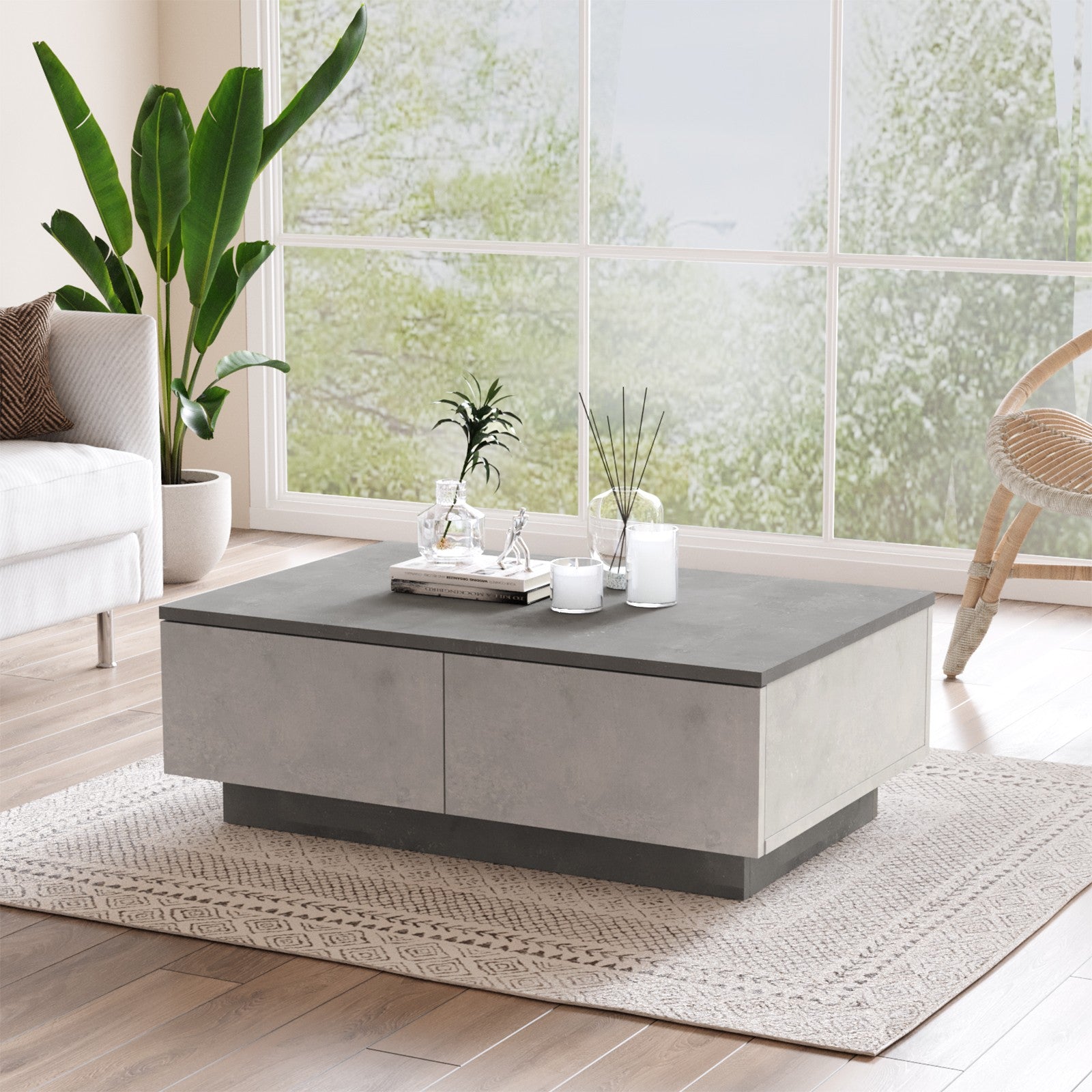 Mesa de Centro Moderna com Armazenamento Adicional, Prata e Antracite, 90 x 31,6 x 60 cm | Revestimento 100% Melamina, 18 mm de Espessura | Design Elegante e Funcional