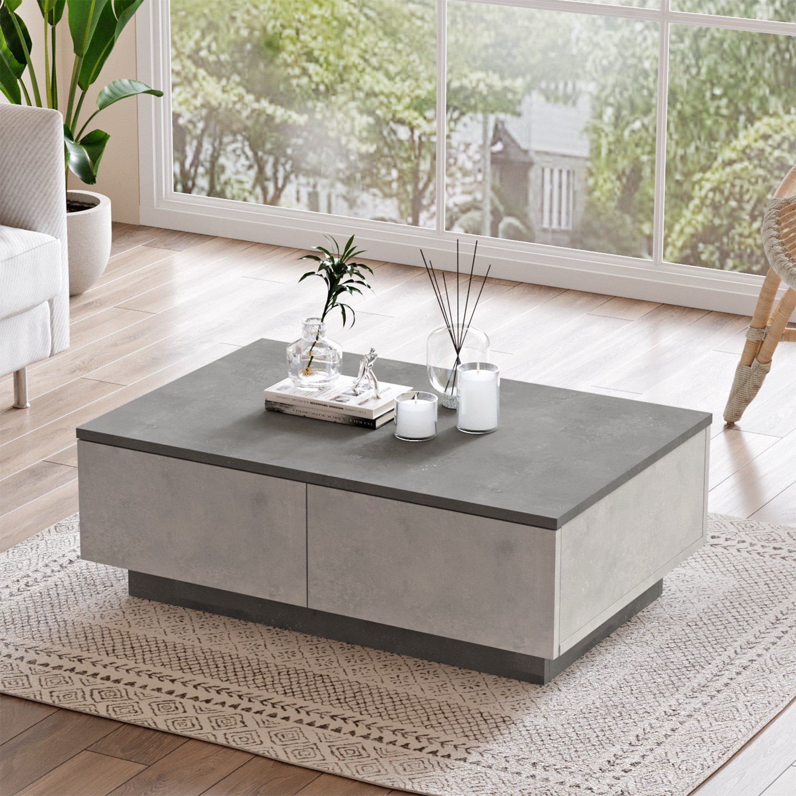 Mesa de Centro Moderna com Armazenamento Adicional, Prata e Antracite, 90 x 31,6 x 60 cm | Revestimento 100% Melamina, 18 mm de Espessura | Design Elegante e Funcional