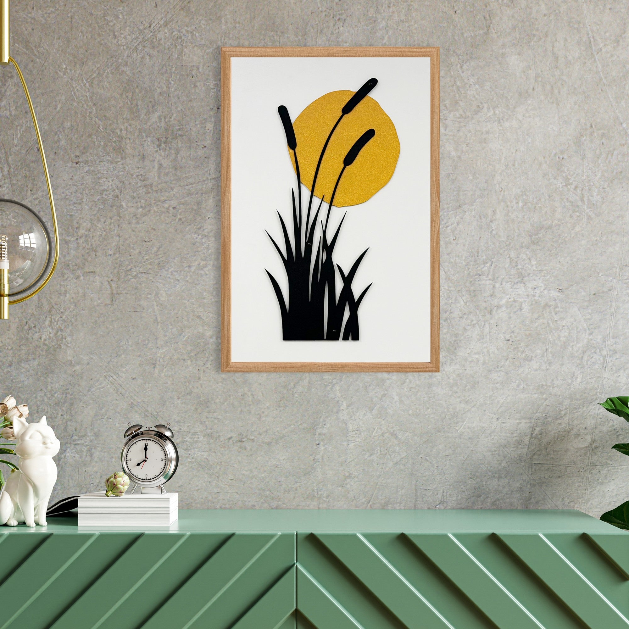 Quadro Decorativo "Embrace of the Sun" - Arte Multicolor em MDF com Moldura de Pinho e Detalhes Metálicos 50x35cm