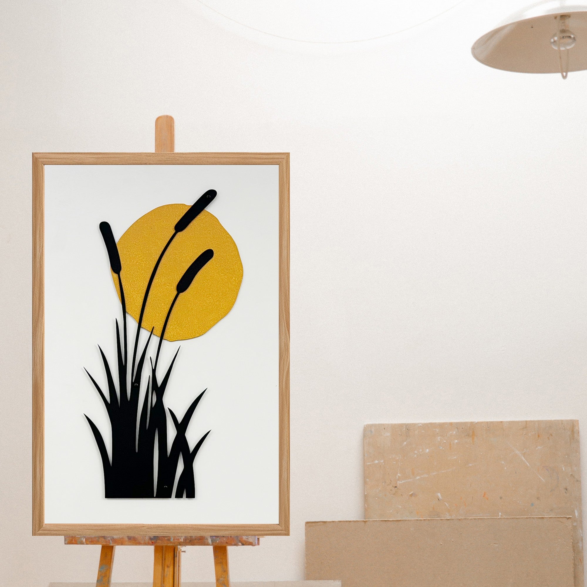 Quadro Decorativo "Embrace of the Sun" - Arte Multicolor em MDF com Moldura de Pinho e Detalhes Metálicos 50x35cm