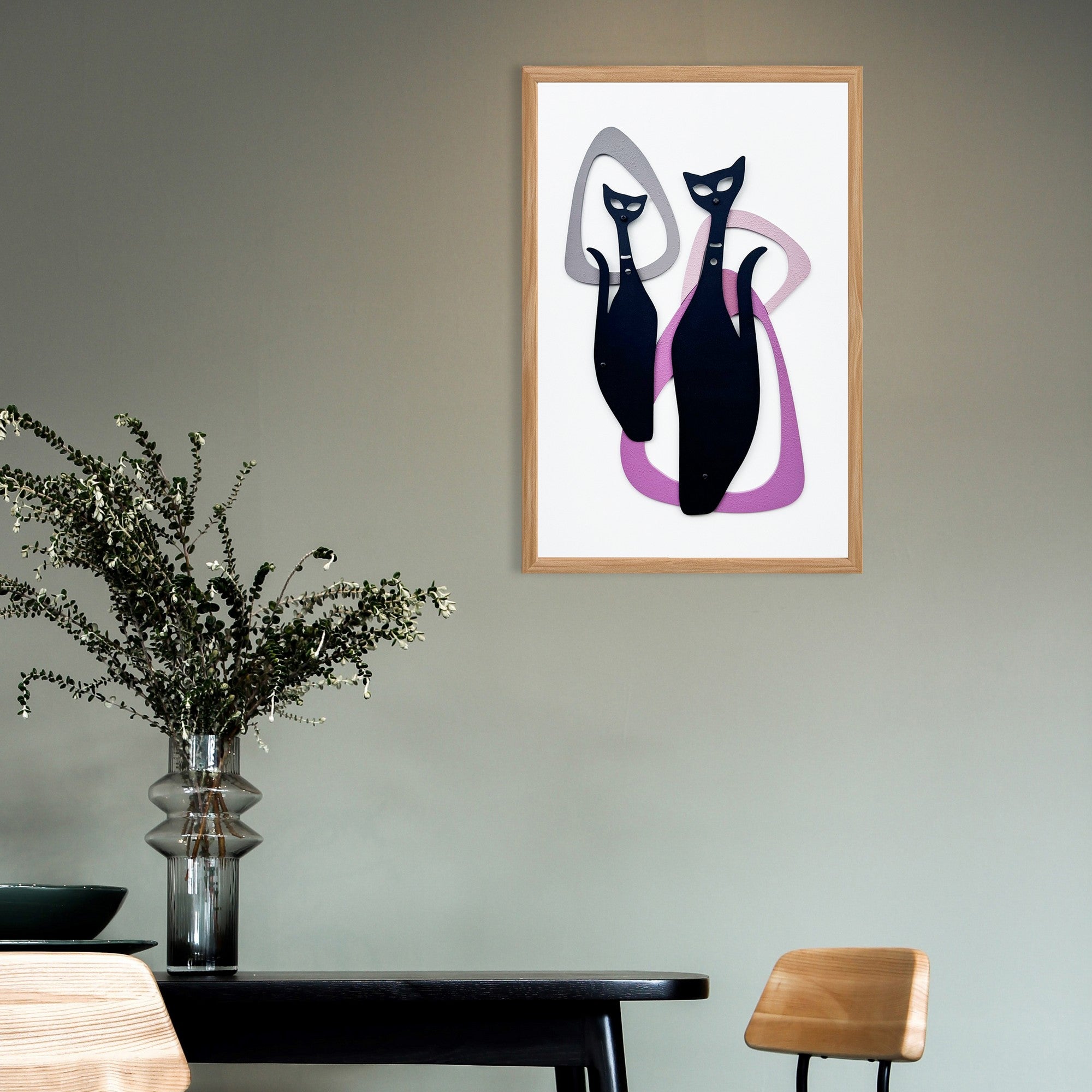 Quadro Decorativo "Nature's Embrace" - Pintura em MDF com Moldura de Pinheiro e Detalhes Metálicos Multicolor 50x35cm