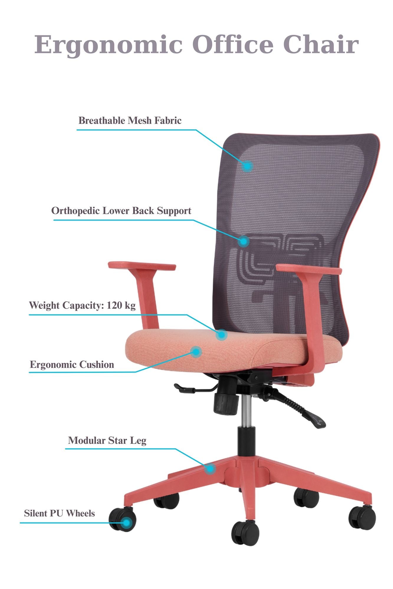 Cadeira de Escritório Ergonómica Salmão com Malha Respirável e Rodas Silenciosas - Suporta 120kg