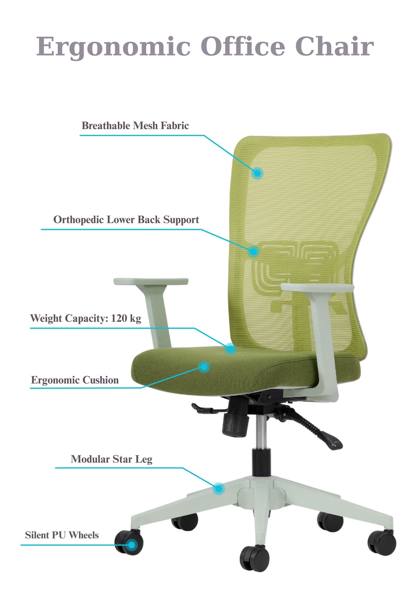Cadeira de Escritório Verde Ergonómica com Malha Respirável e Rodas Silenciosas - Suporta 120kg