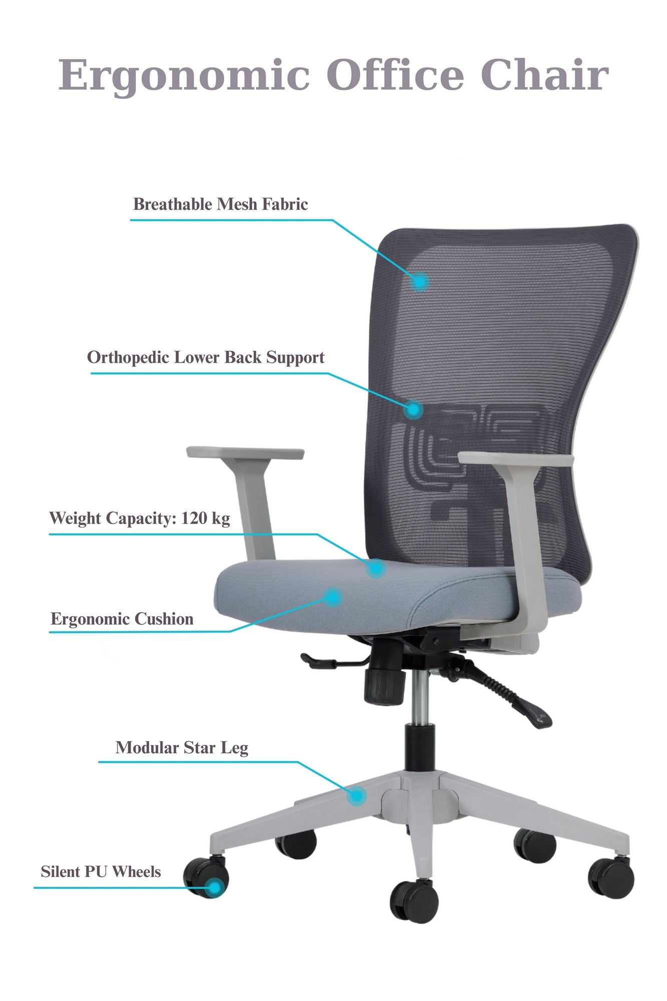 Cadeira de Escritório Ergonómica Cinzenta com Malha Respirável e Rodas Silenciosas - Suporta até 120kg