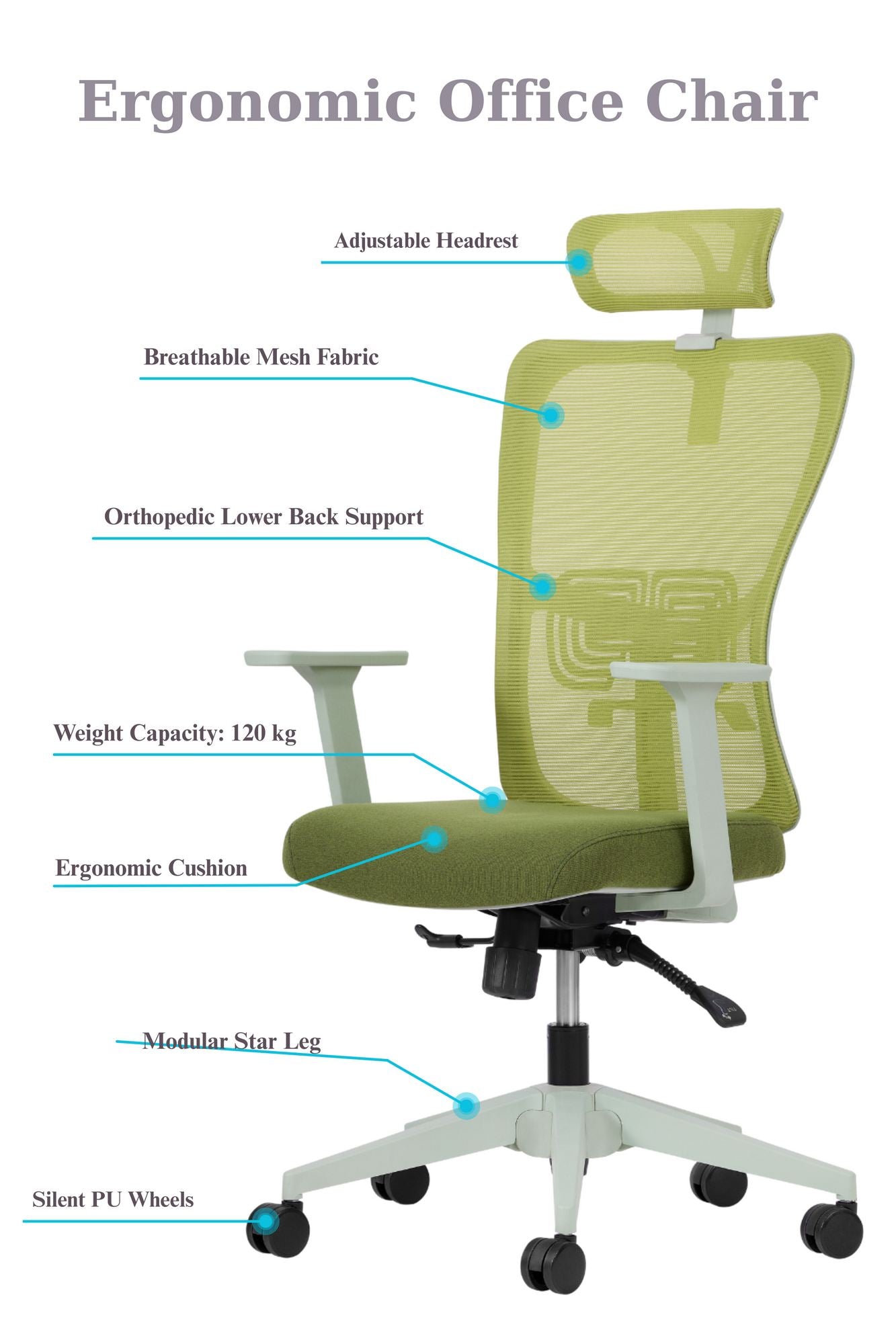 Cadeira de Escritório Verde Ergonómica com Malha Respirável e Rodas Silenciosas - Suporta 120kg