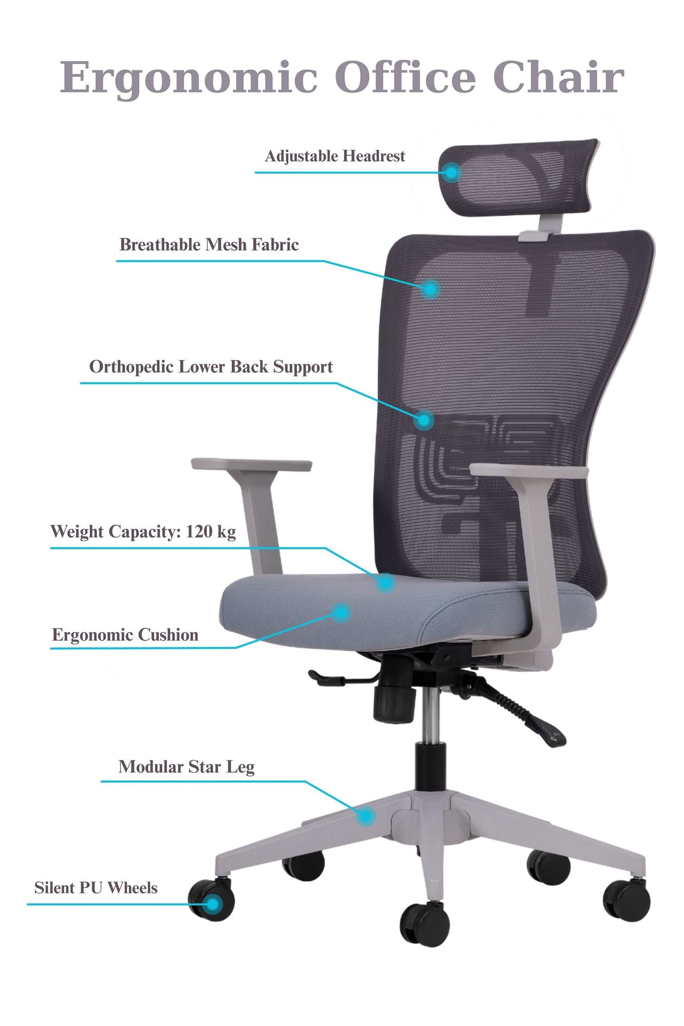 Conjunto de 2 Cadeiras de Escritório Ergonómicas Cinzentas com Rodas Silenciosas e Altura Ajustável