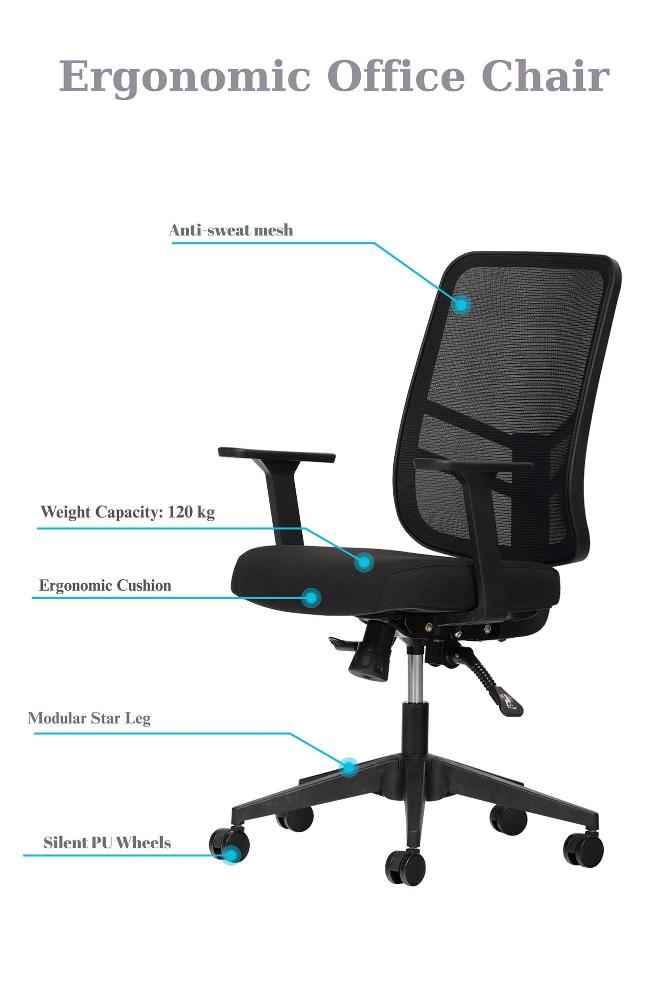 Cadeira de Escritório Ergonómica Preta com Tecido Mesh Anti-Transpiração e Rodas Silenciosas - Suporta até 120kg