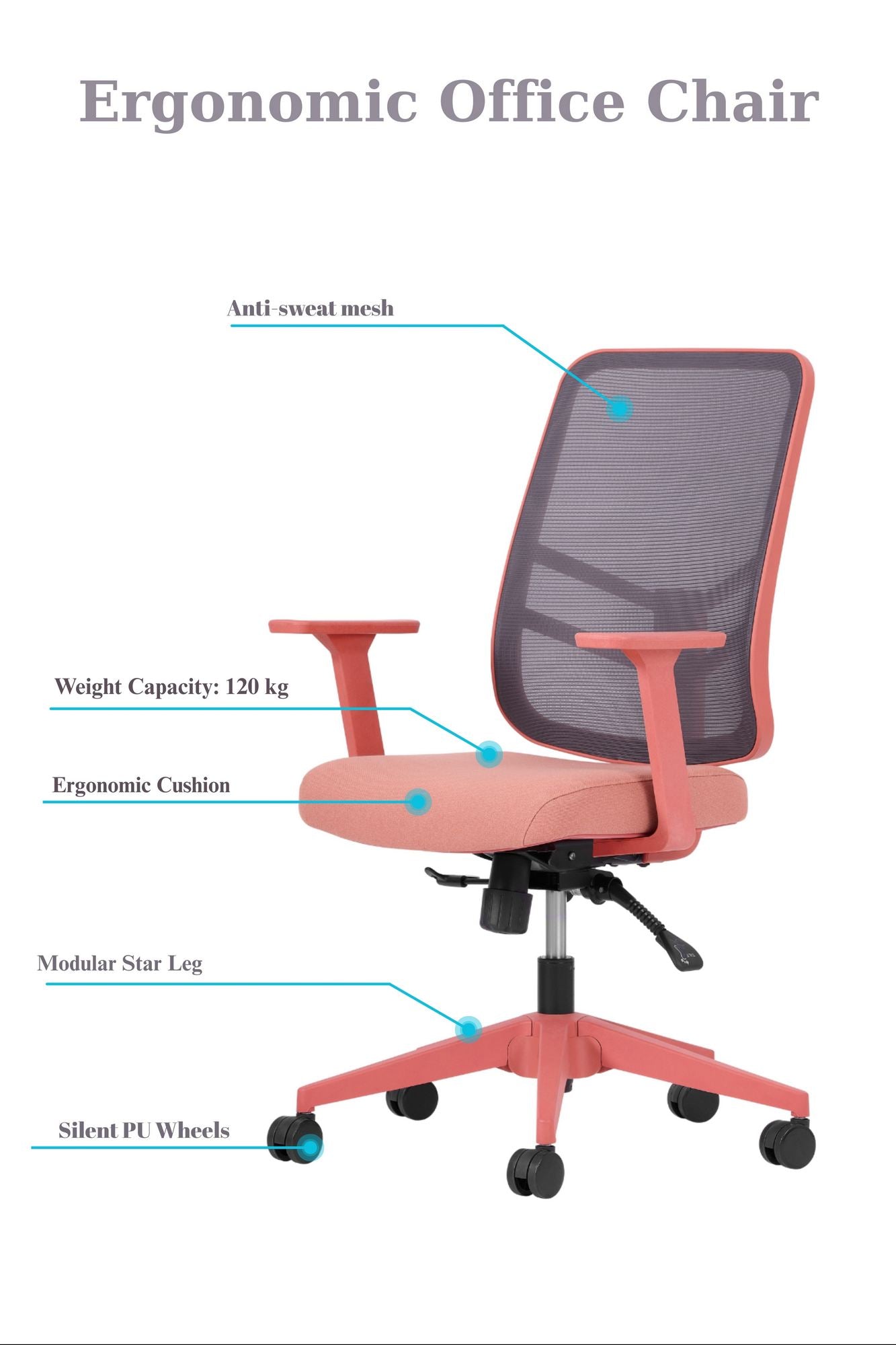 Cadeira de Escritório Ergonómica Salmão com Tecido Anti-Transpiração e Rodas Silenciosas - Suporta 120kg