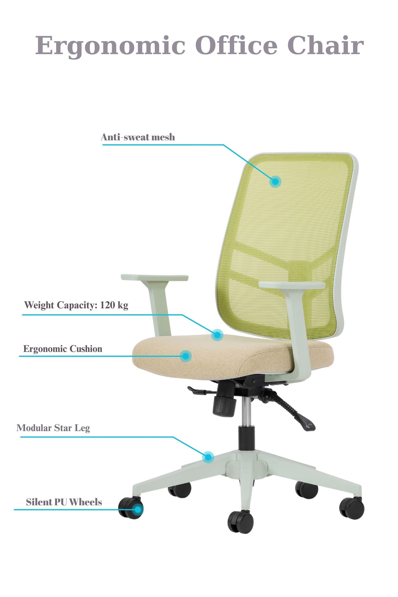 Cadeira de Escritório Verde Ergonómica com Tecido Mesh Anti-Transpiração e Rodas Silenciosas - Suporta 120kg