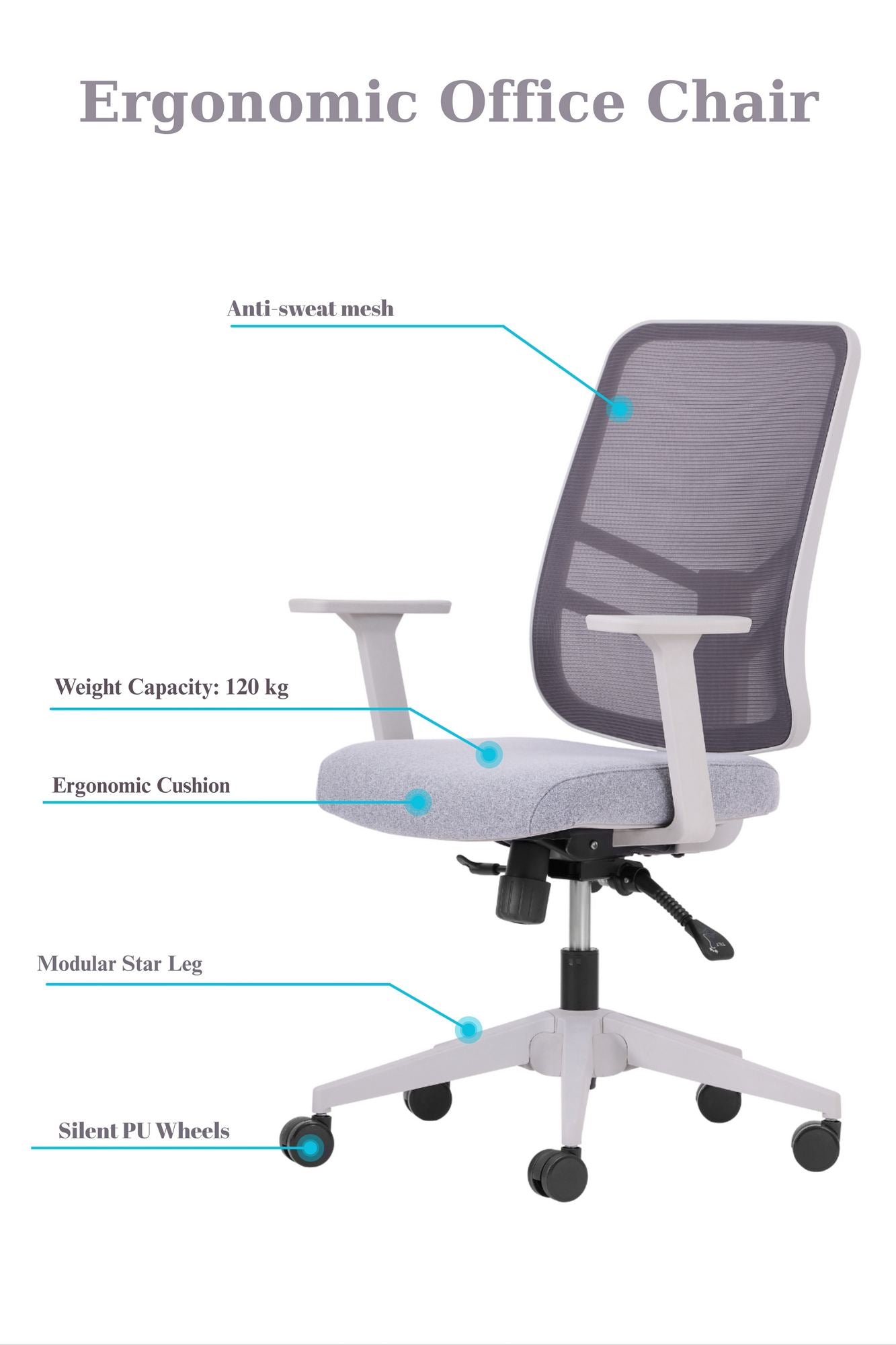 Cadeira de Escritório Ergonómica Cinzenta com Tecido Mesh Anti-Transpiração e Rodas Silenciosas - Suporta 120kg
