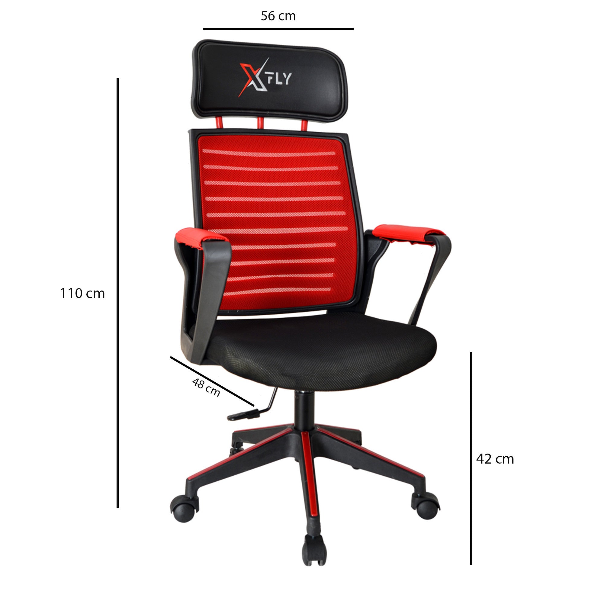 Cadeira Gamer – 56 cm largura – 110 cm altura – 42 cm altura do assento – vermelho e preto – poliuretano