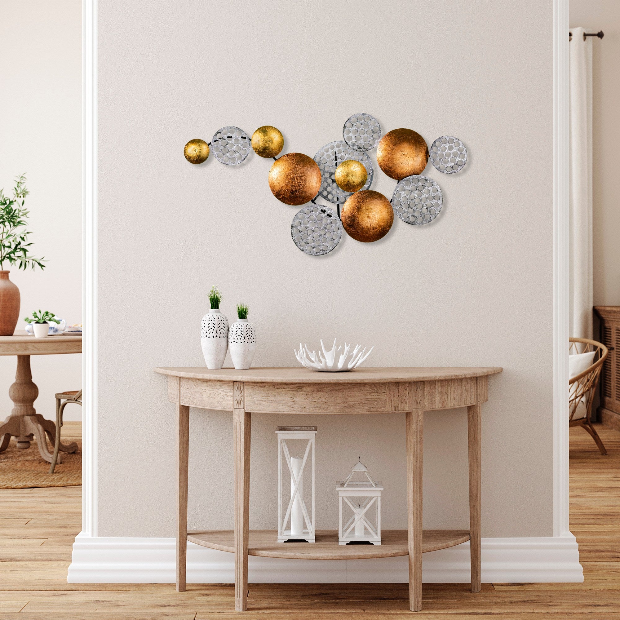 Acessório Decorativo de Parede Aurora 2 - Metal Prateado e Cobre Artesanal 45x82cm