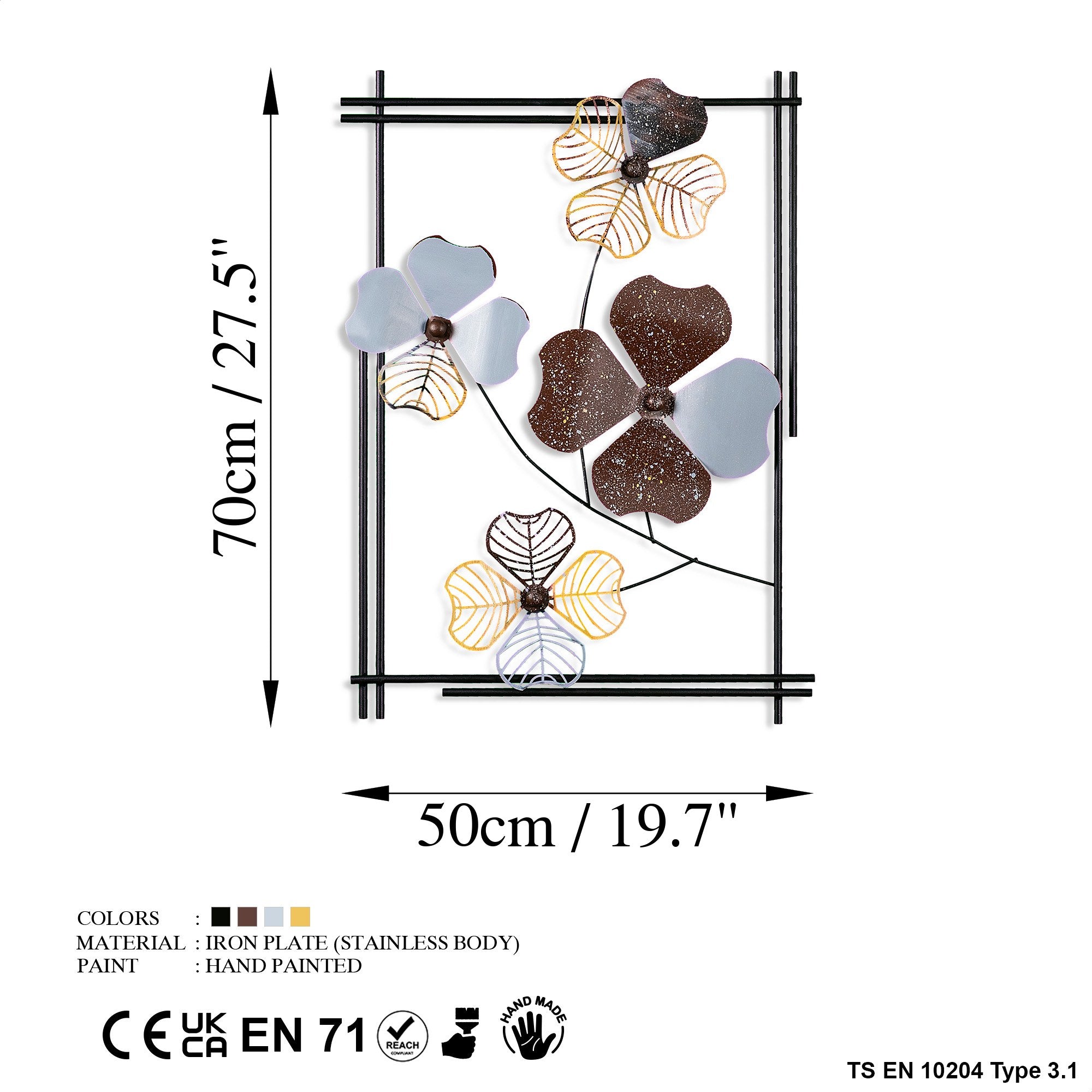 Arte de Parede Metálica Decorativa Multicolor Weinan 3 - Peça Artesanal 50x70cm para Decoração de Interiores