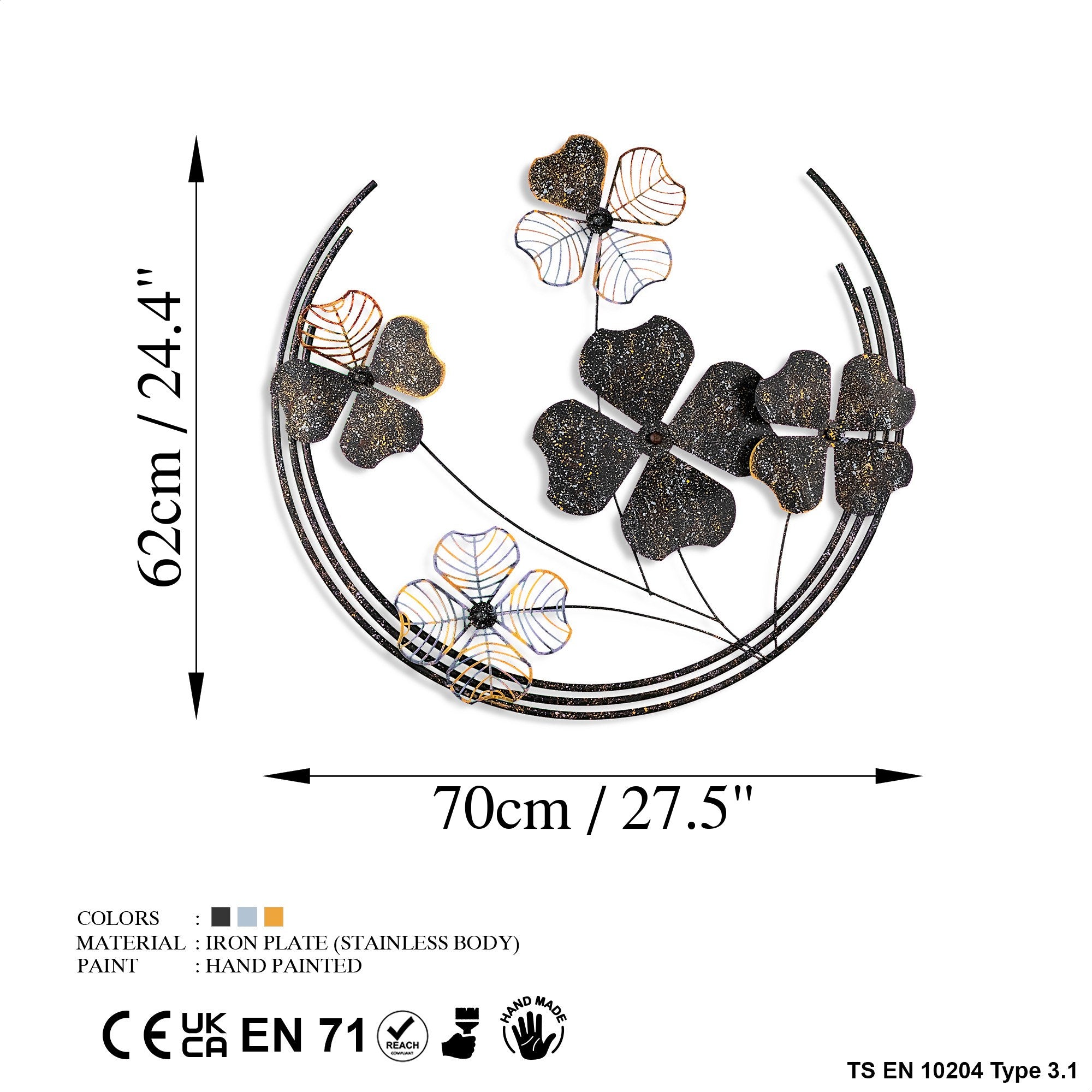 Arte de Parede Metálica Haiyang 3 - Decoração Multicolor Artesanal 70x62cm para Pendurar