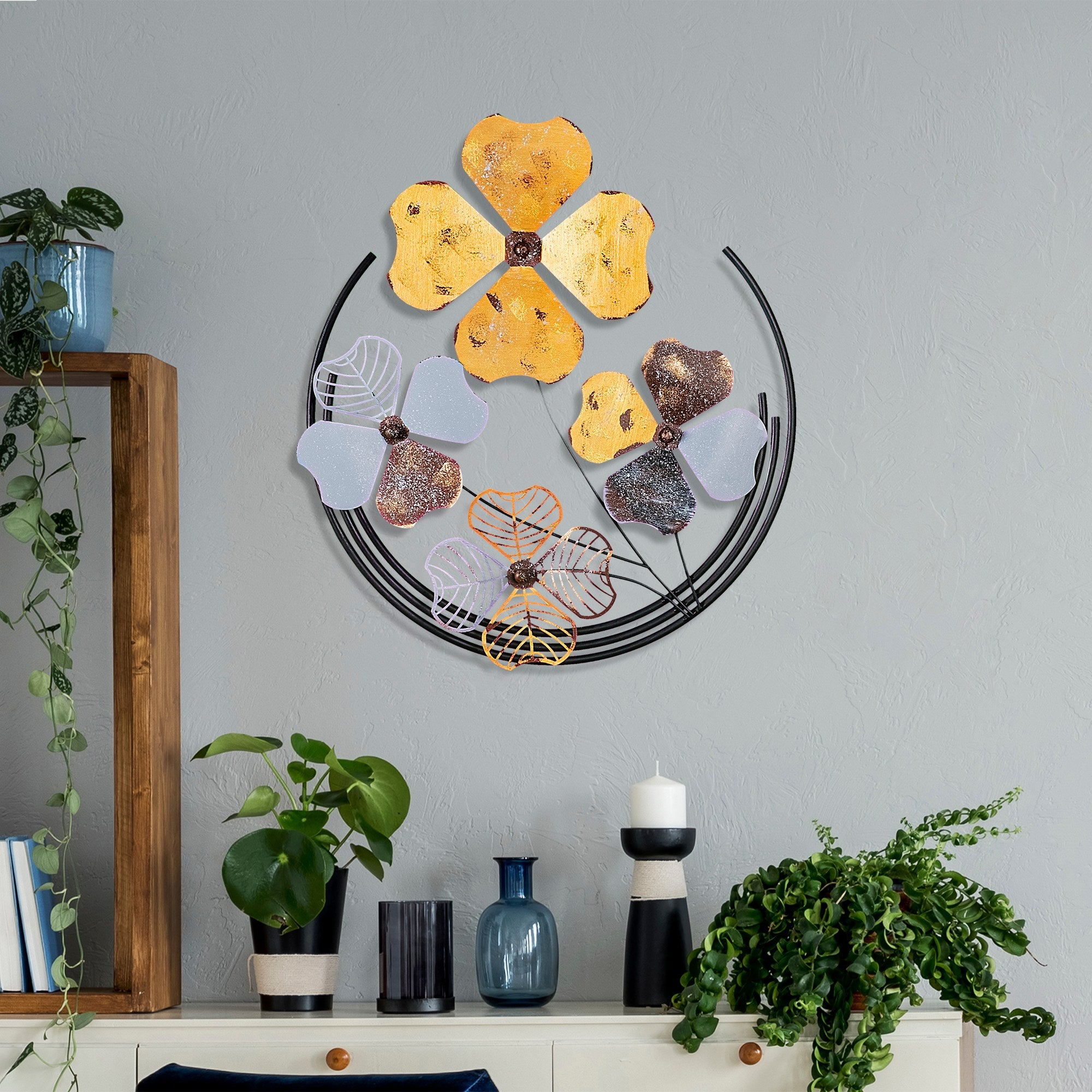 Arte de Parede Metálica Decorativa Shihezi 2 - Peça Artesanal Multicolor 50x50cm para Decoração de Interiores