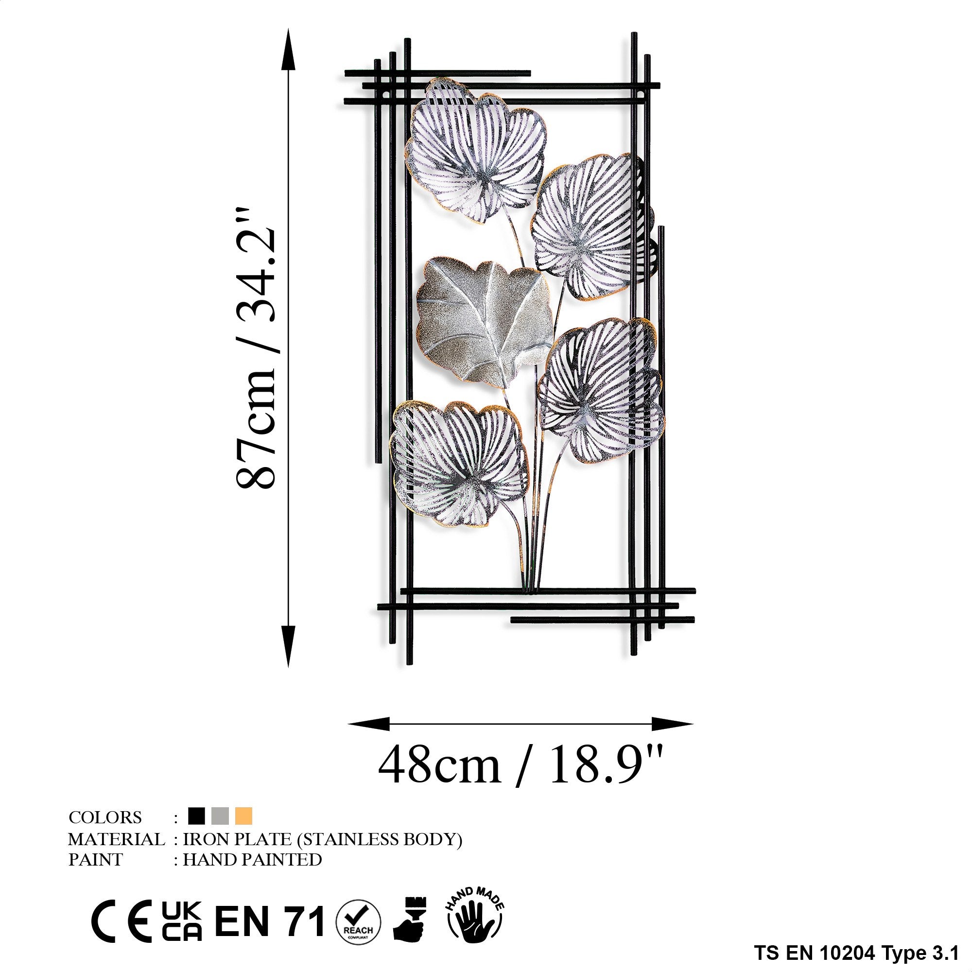Arte de Parede Metálica Daiyu 2 - Acessório Decorativo Multicolor Artesanal 48x87cm