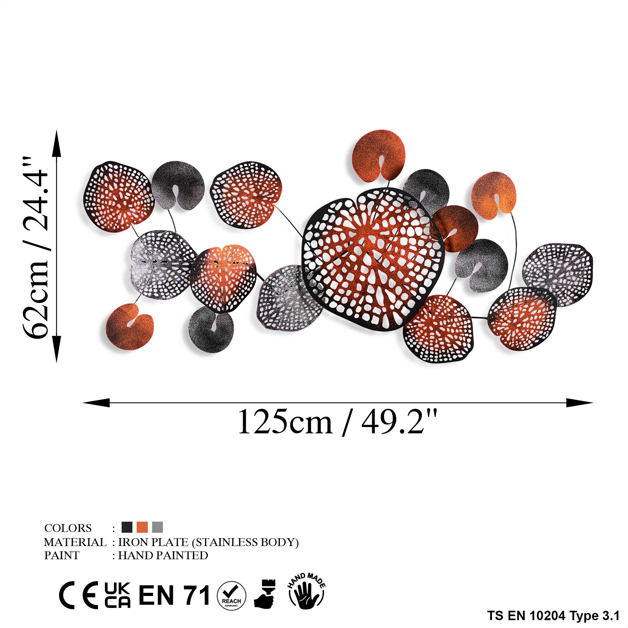 Arte de Parede Metálica Nenuharps 2 - Decoração Multicolor Artesanal 125x62cm