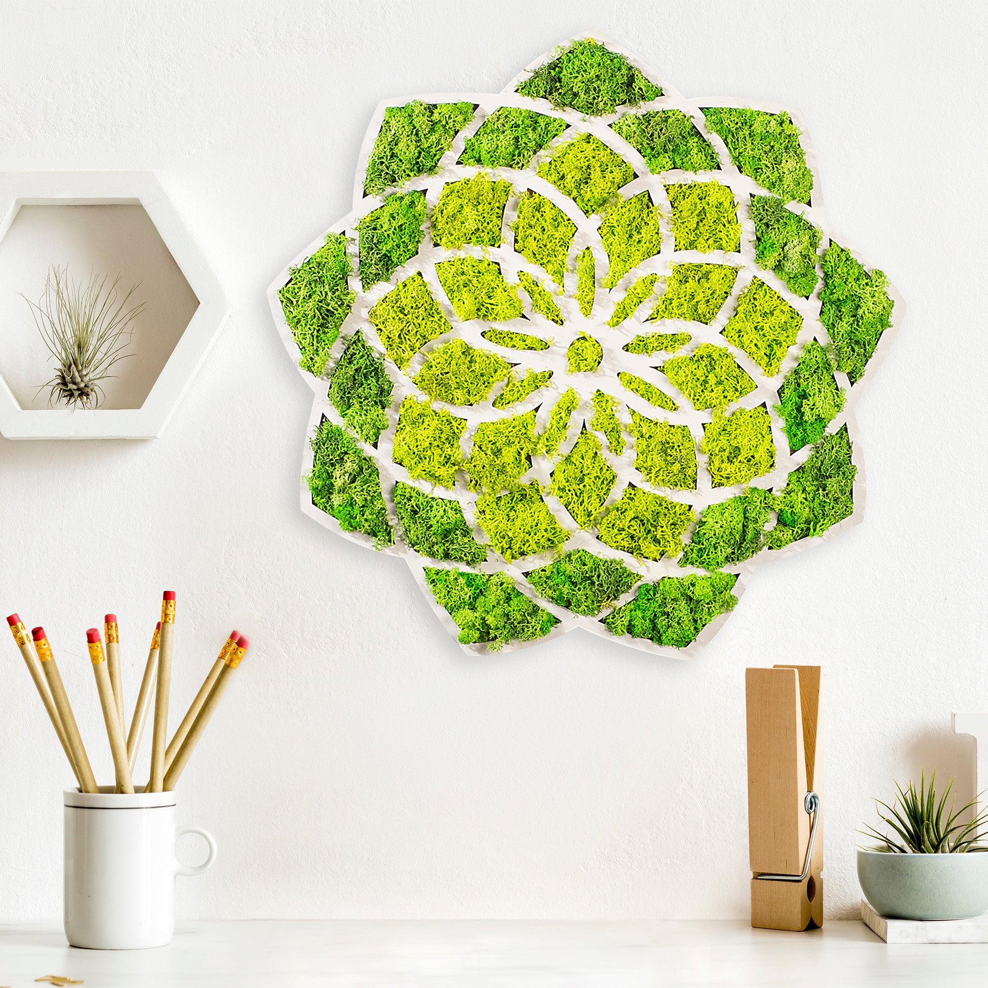 Acessório de parede decorativo elegante, verde e branco, 44 x 1,6 x 44 cm | 100% MDF/MOSS, 9 mm de espessura | Perfeito para decoração moderna e paredes de destaque