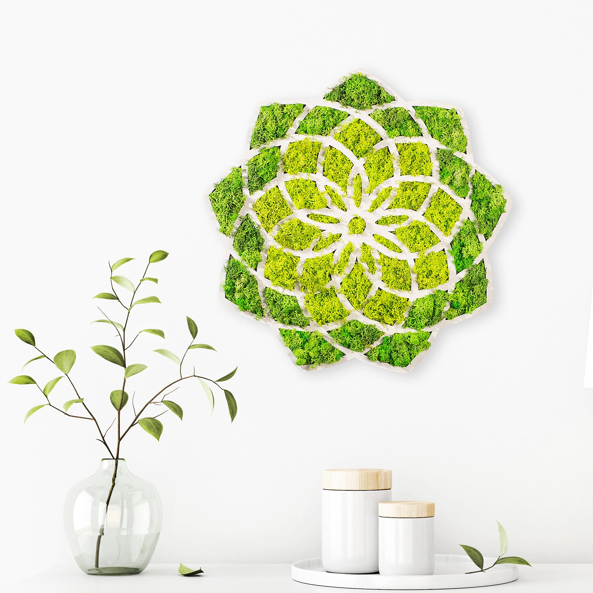 Acessório de parede decorativo elegante, verde e branco, 44 x 1,6 x 44 cm | 100% MDF/MOSS, 9 mm de espessura | Perfeito para decoração moderna e paredes de destaque