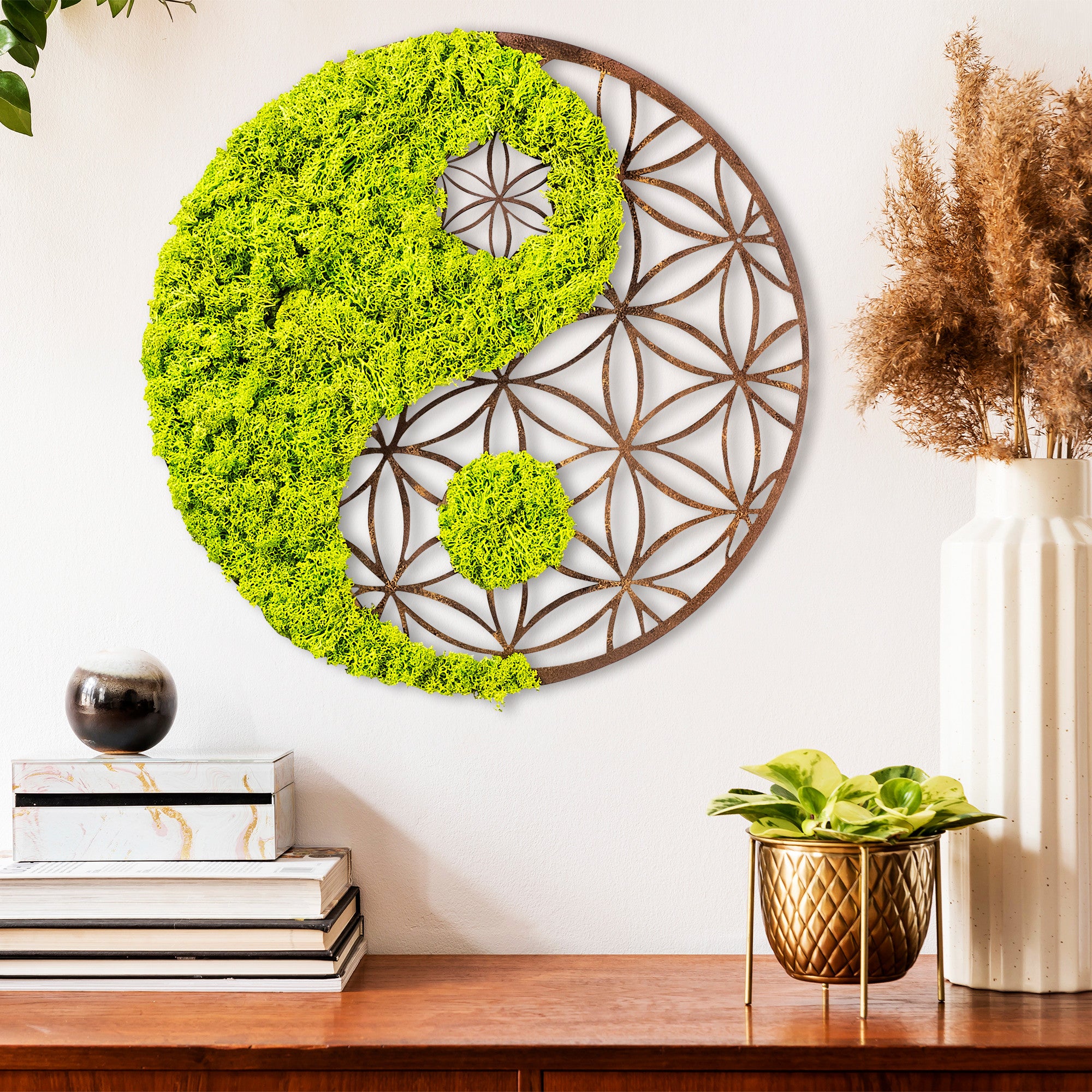 Acessório de parede decorativo feito à mão, verde e marrom, 44 x 1 x 44 cm | 100% MDF/MUSGO, 9 mm de espessura | Design exclusivo com variações naturais para decoração de casa