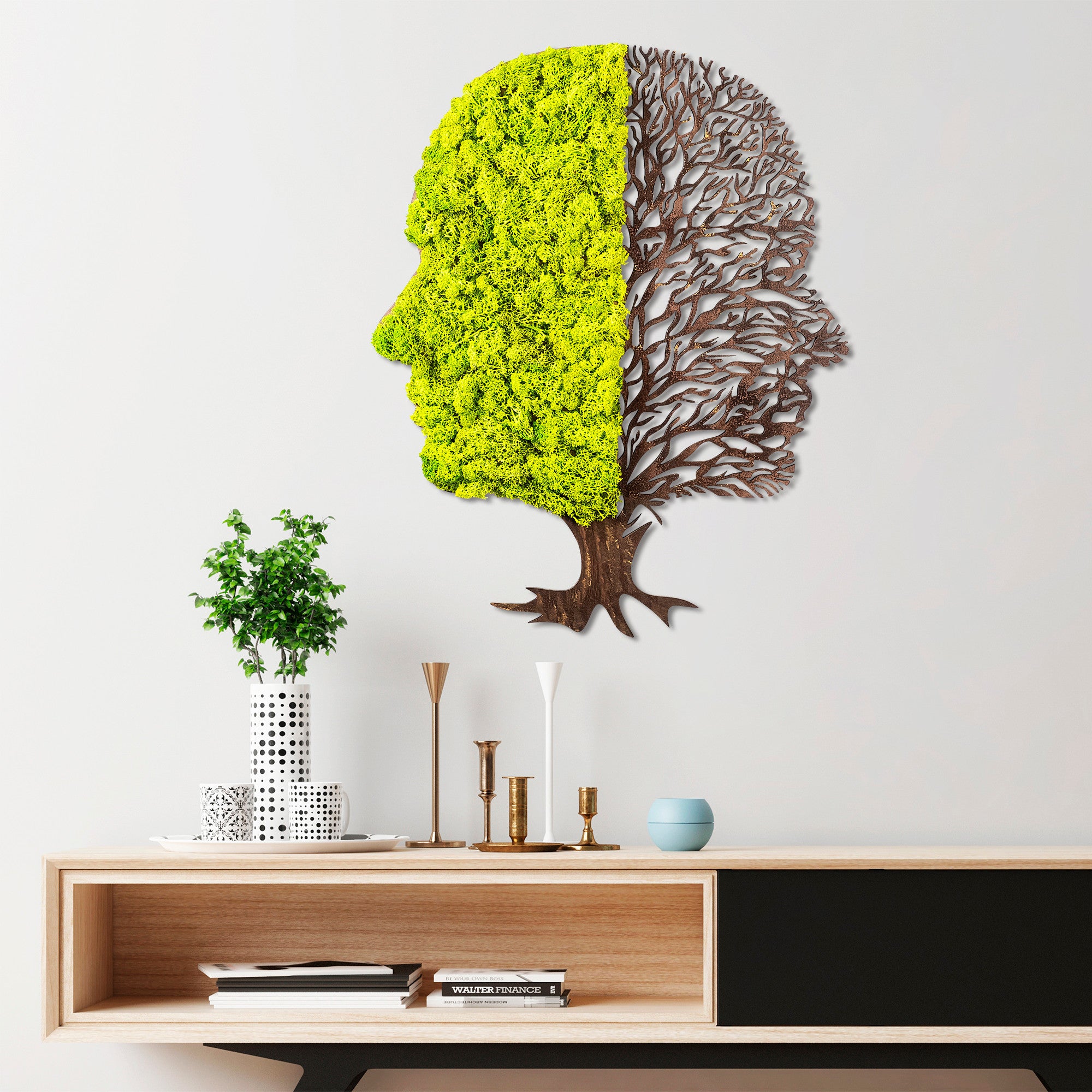 Acessório de parede decorativo feito à mão, verde e marrom, 45 x 1 x 56 cm | 100% MDF/MOSS, 6 mm de espessura | Design exclusivo, perfeito para decoração de casa e paredes de destaque