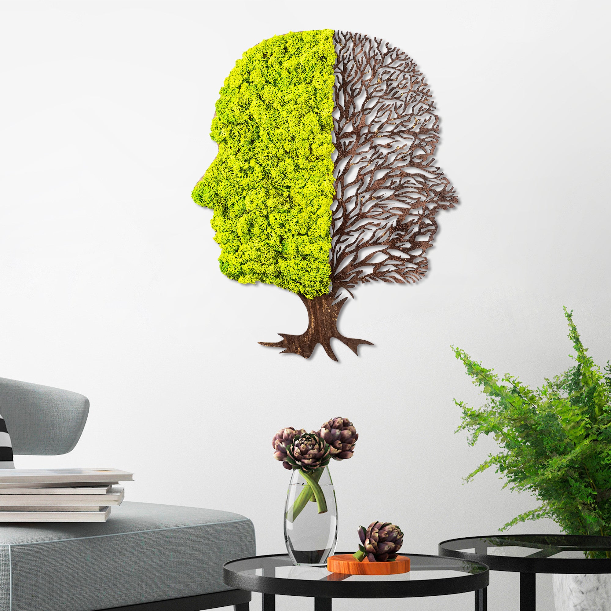 Acessório de parede decorativo feito à mão, verde e marrom, 45 x 1 x 56 cm | 100% MDF/MOSS, 6 mm de espessura | Design exclusivo, perfeito para decoração de casa e paredes de destaque
